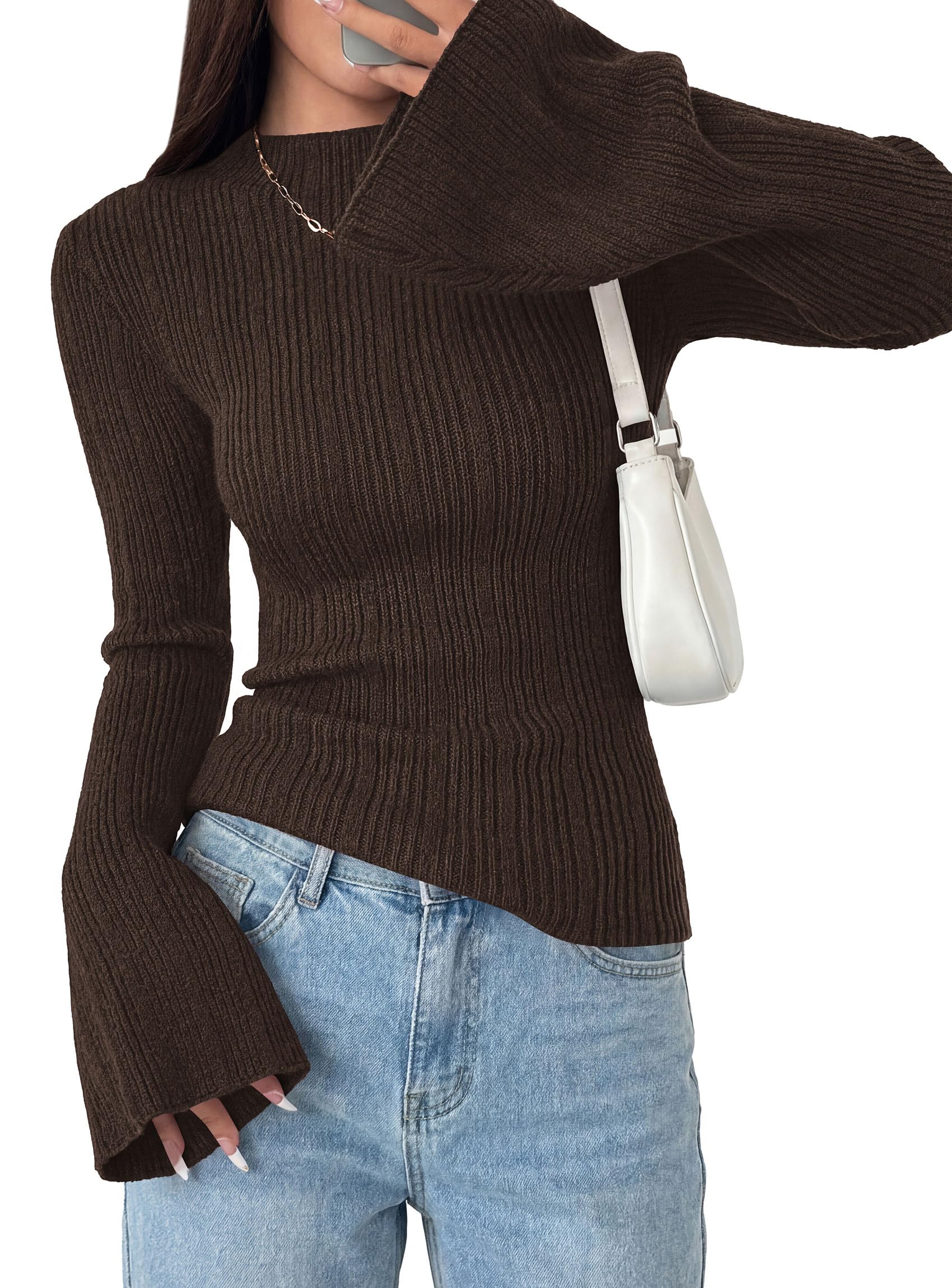 Womens Bell Long Sleeve Tops Mock Neck Sweaters,Brown,S
