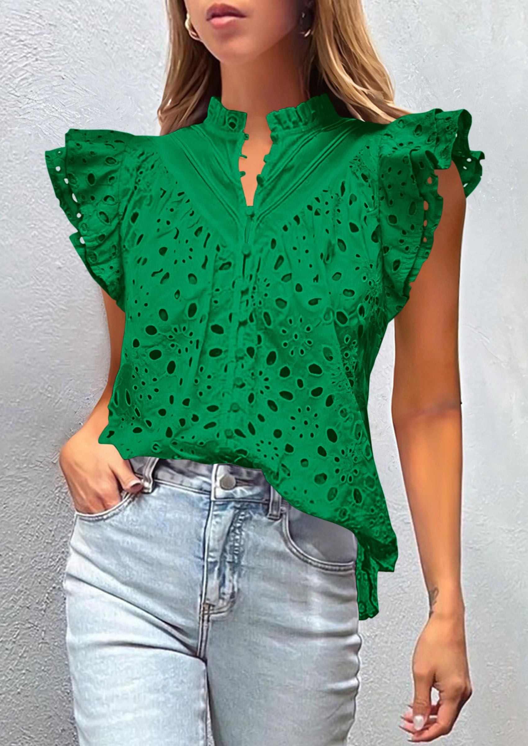 Women's Eyelet V Neck Summer Tops Dressy Casual Dark Green,S