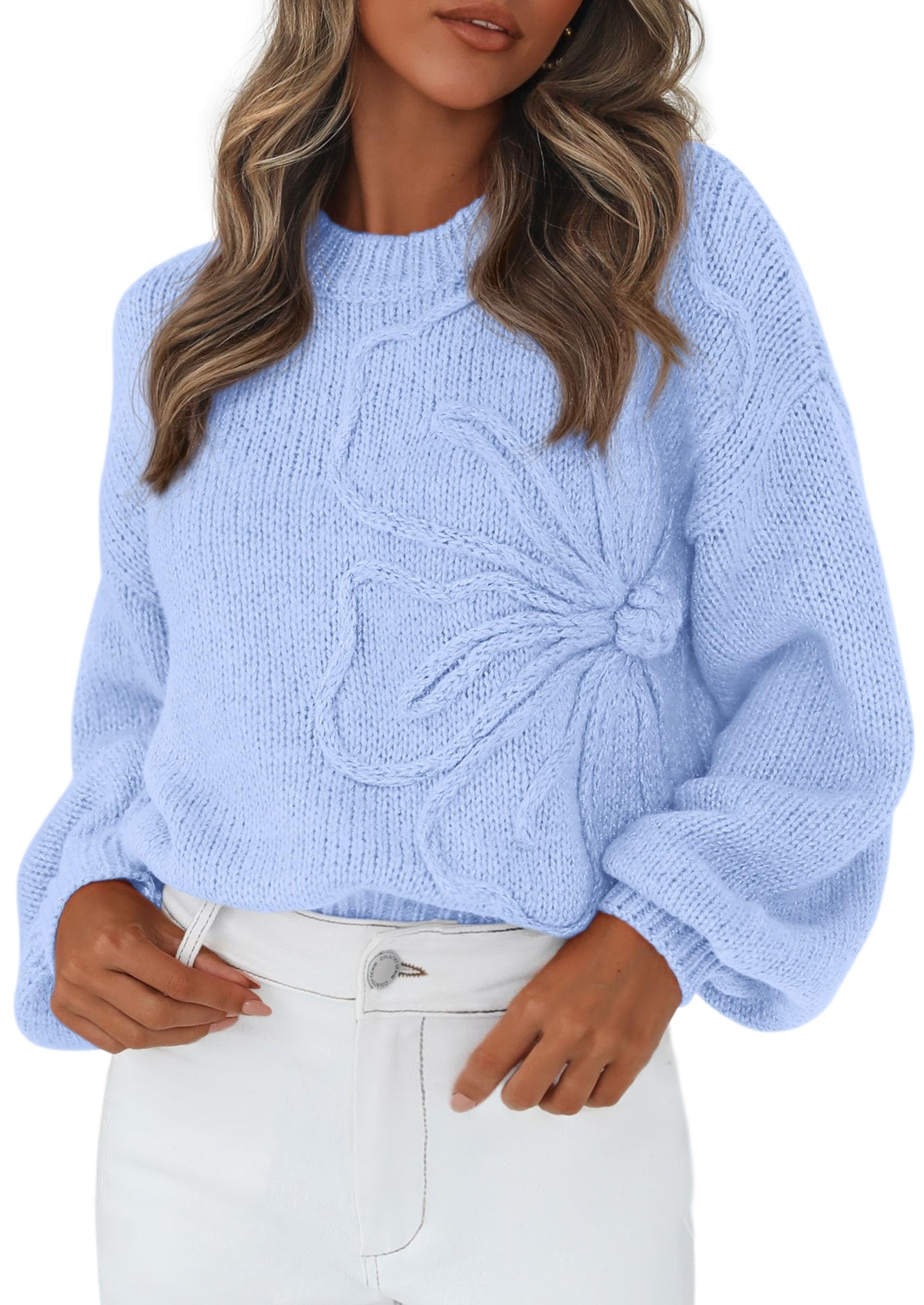Women's Oversized 3D Floral Knit Sweater,Light Blue,S