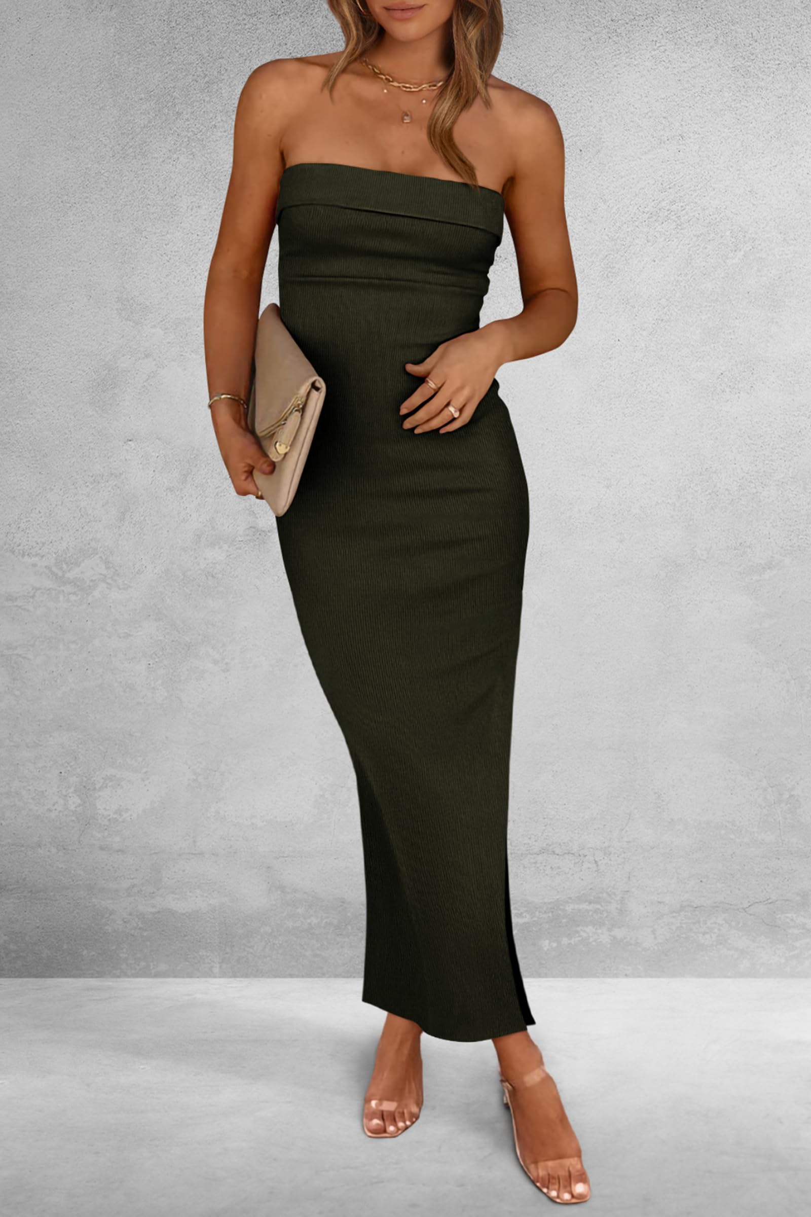 Women's Summer Bodycon Maxi Tube Dress Ribbed Strapless Side Slit Long Going Out Casual Elegant Party Dresses (Army Green,X-Small)