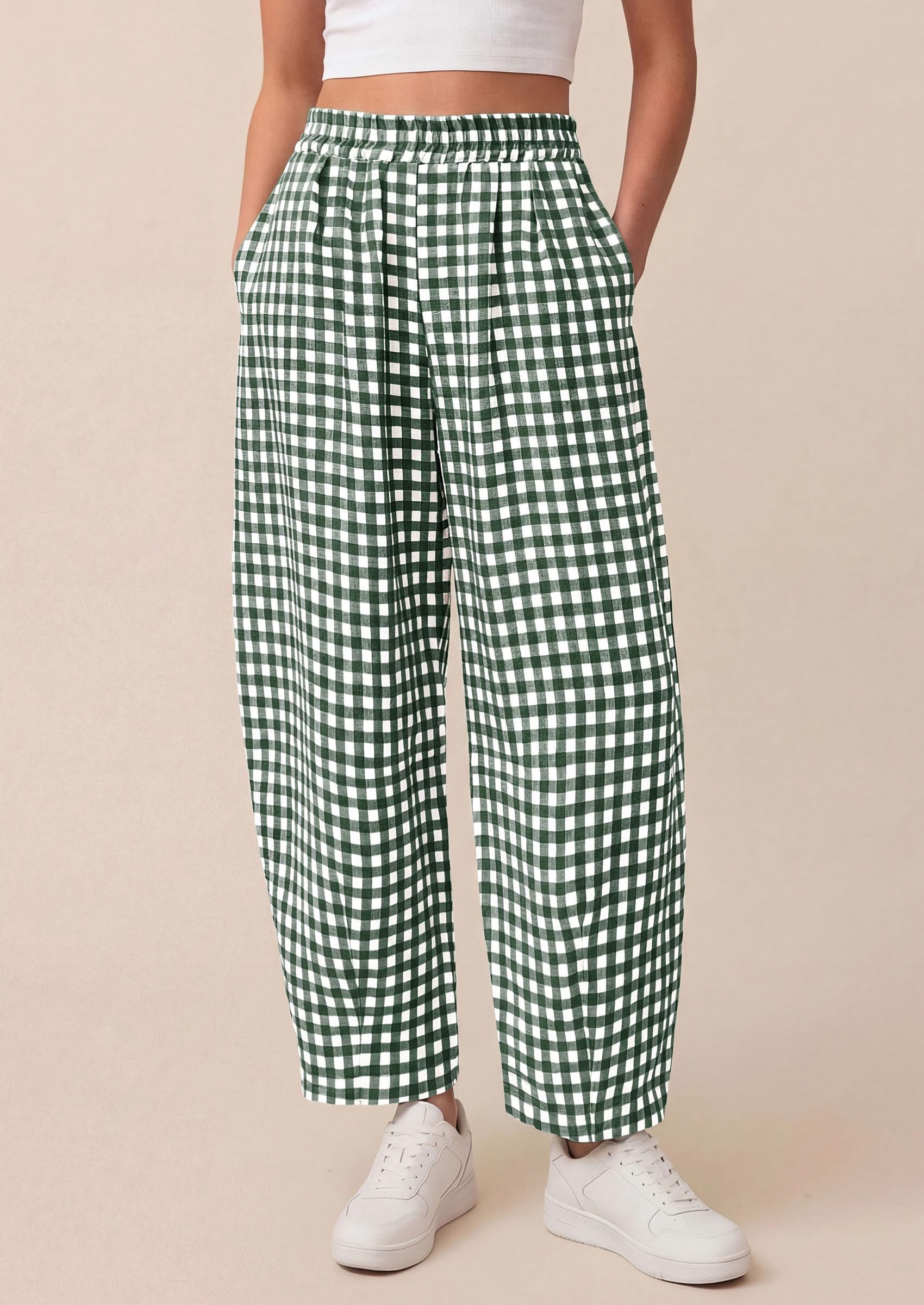 Plaid Barrel Pants Women Summer Bottoms, Dark Green Plaid,S