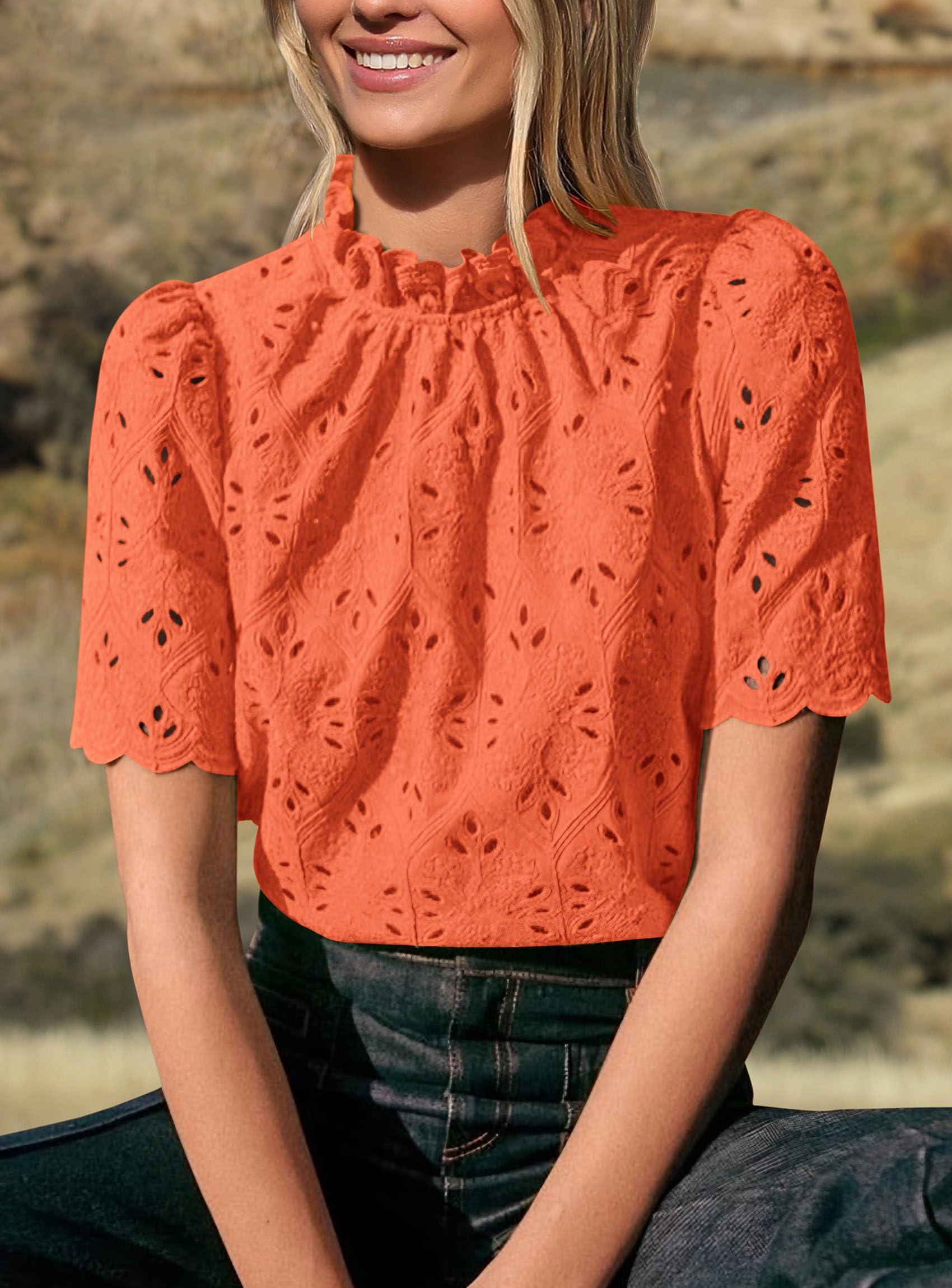 Women Summer Tops Eyelet Embroidered Shirts,Orange,XS