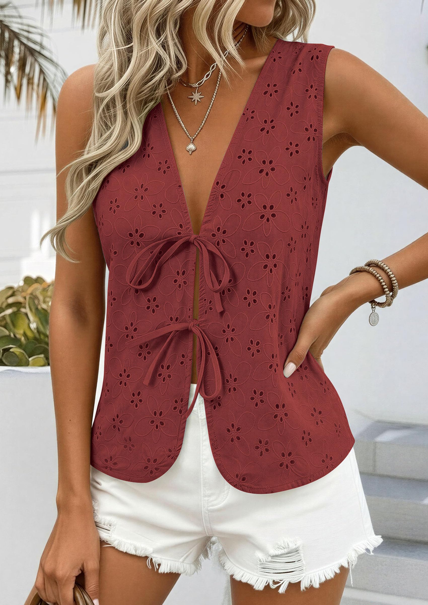 Women's Summer Eyelet Lace Tie Front Vest Tops (Brown Red,S)