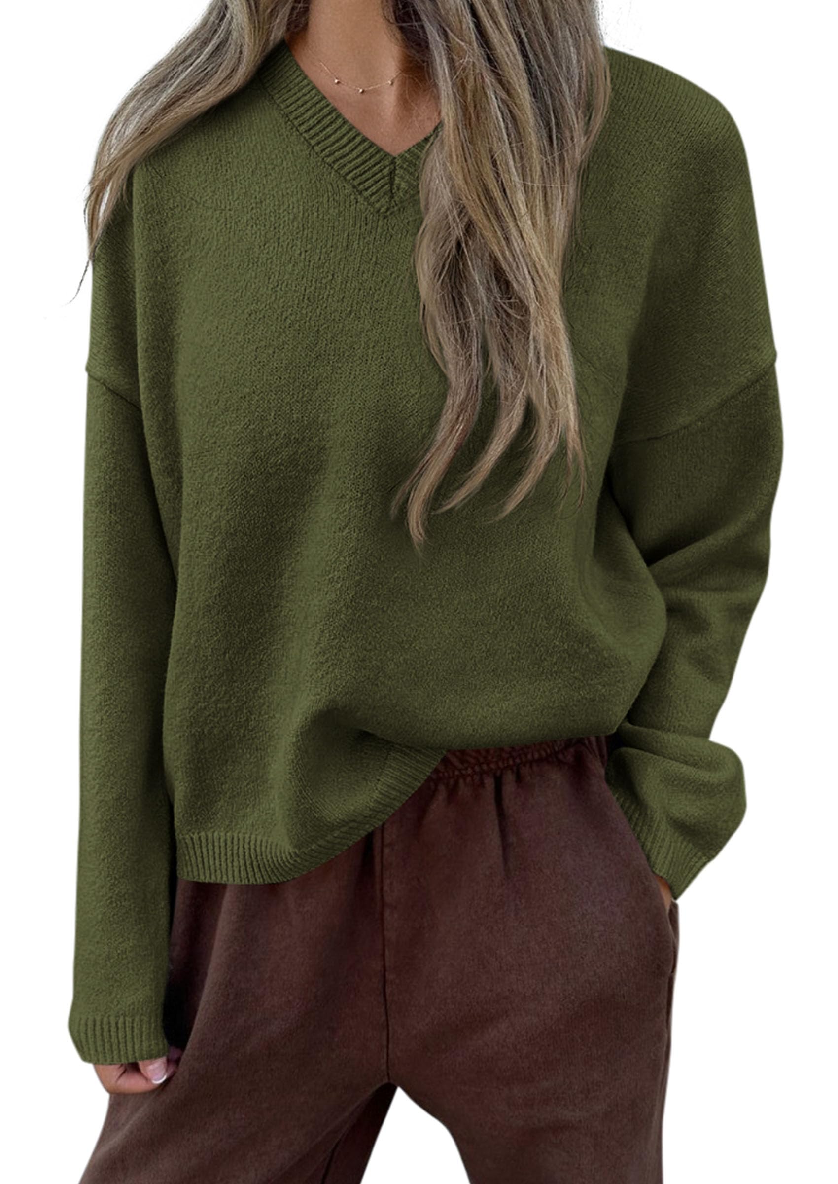 Women's Cozy Sweaters Fall Fashion V Neck Tops Army Green,S