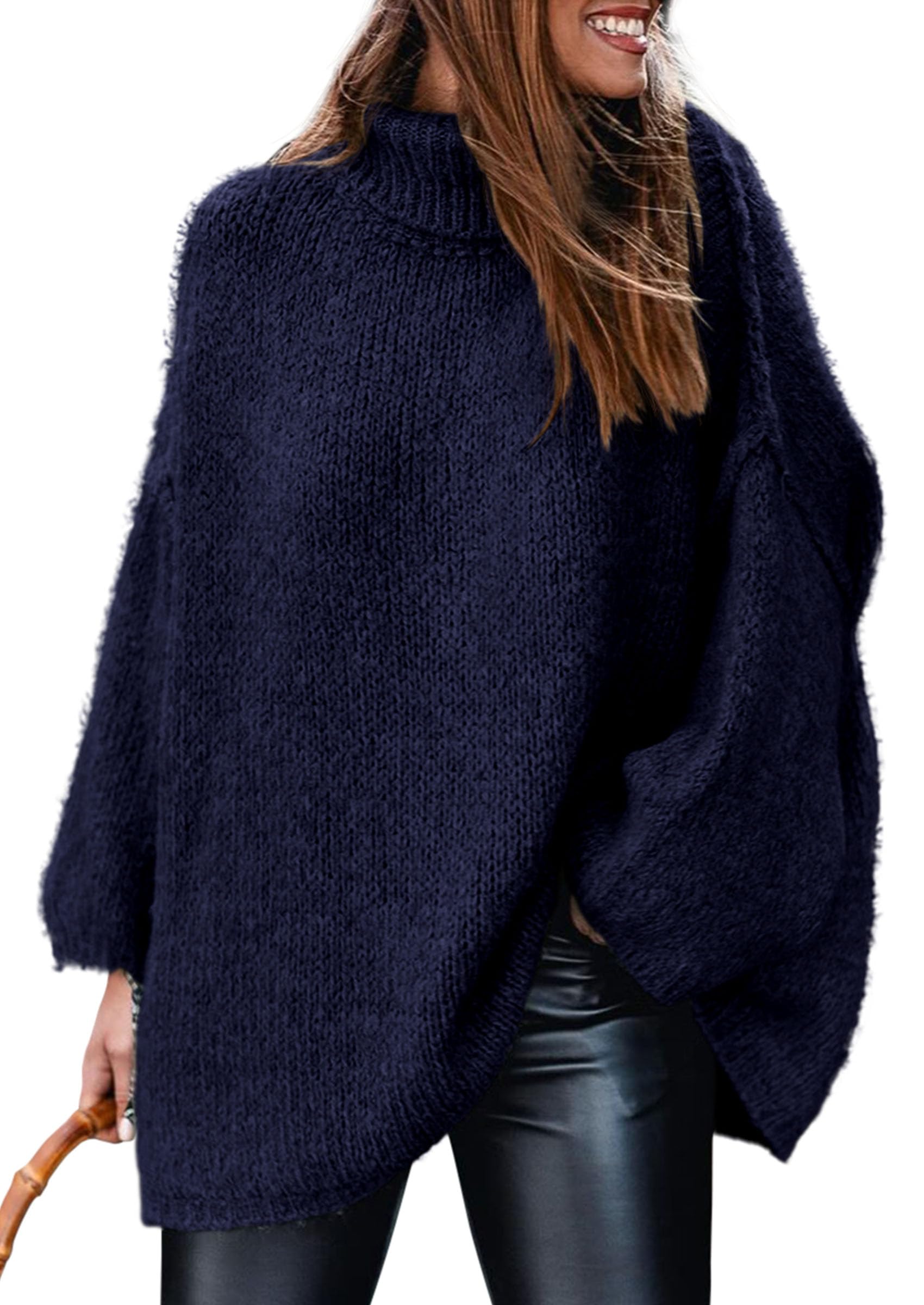 Womens Turtleneck Long Sleeve Oversized Sweaters,Navy Blue,S