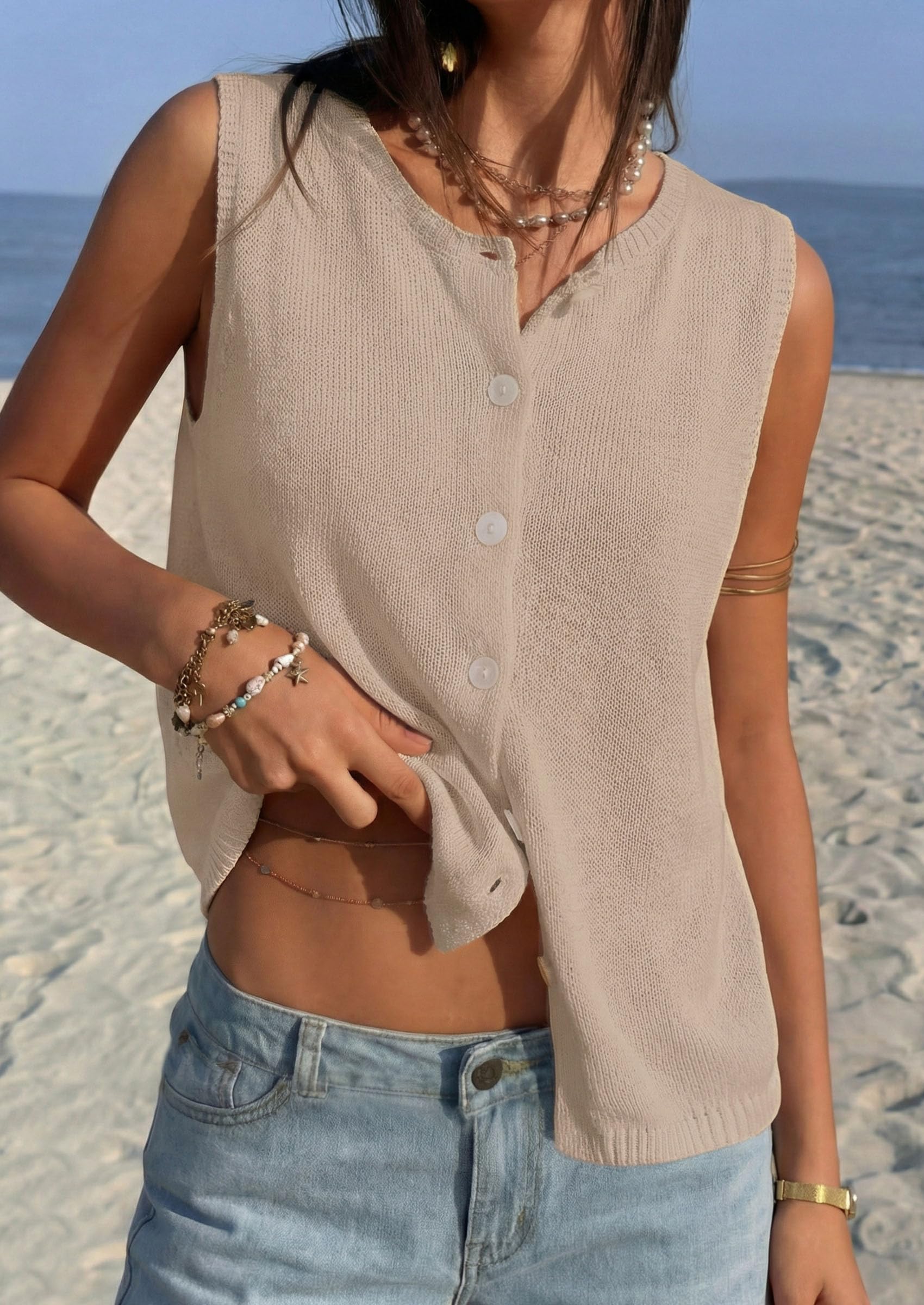 Women's Summer Button Up Sweater Vest Tops,Khaki,S