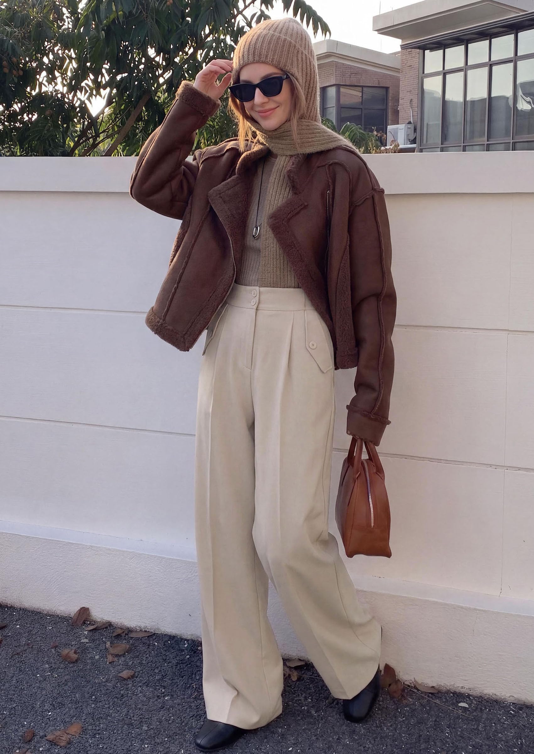 Women's Wide Leg Work Dress Pants Trousers, Beige,S