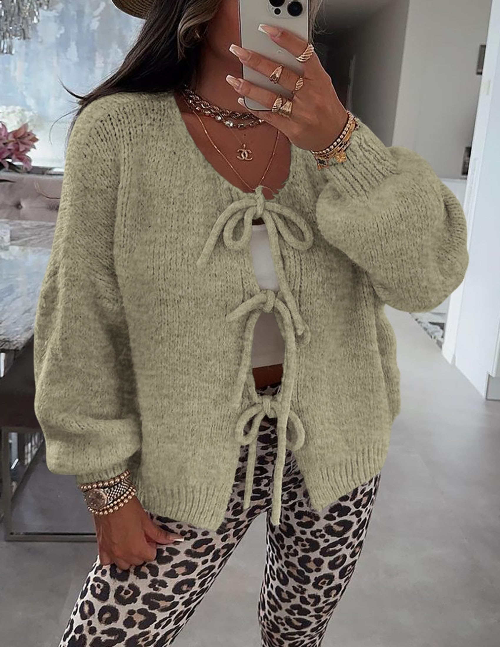 Women's Tie Front Bow Cardigan Sweaters(Mist Green,Small)