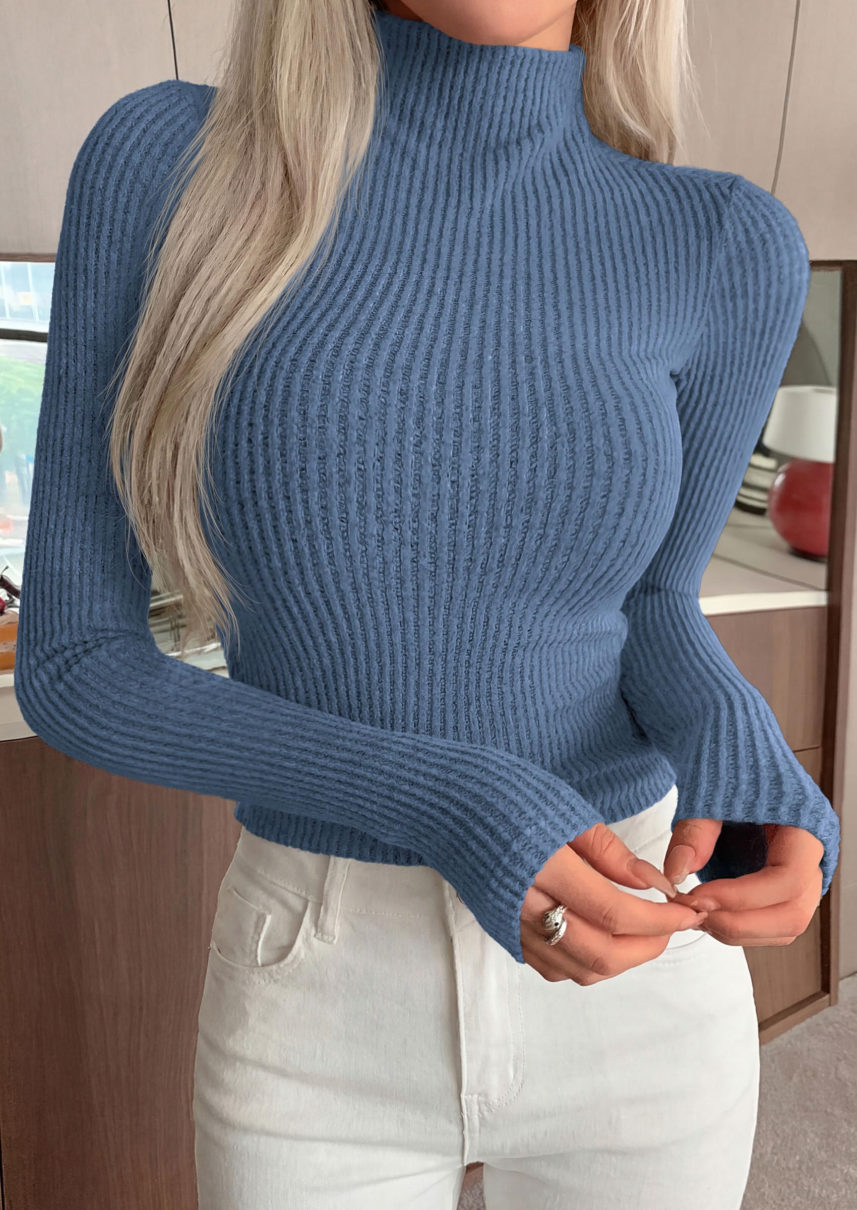 Long Sleeve Shirts for Women Fall Ribbed Mock Turtleneck Tops
