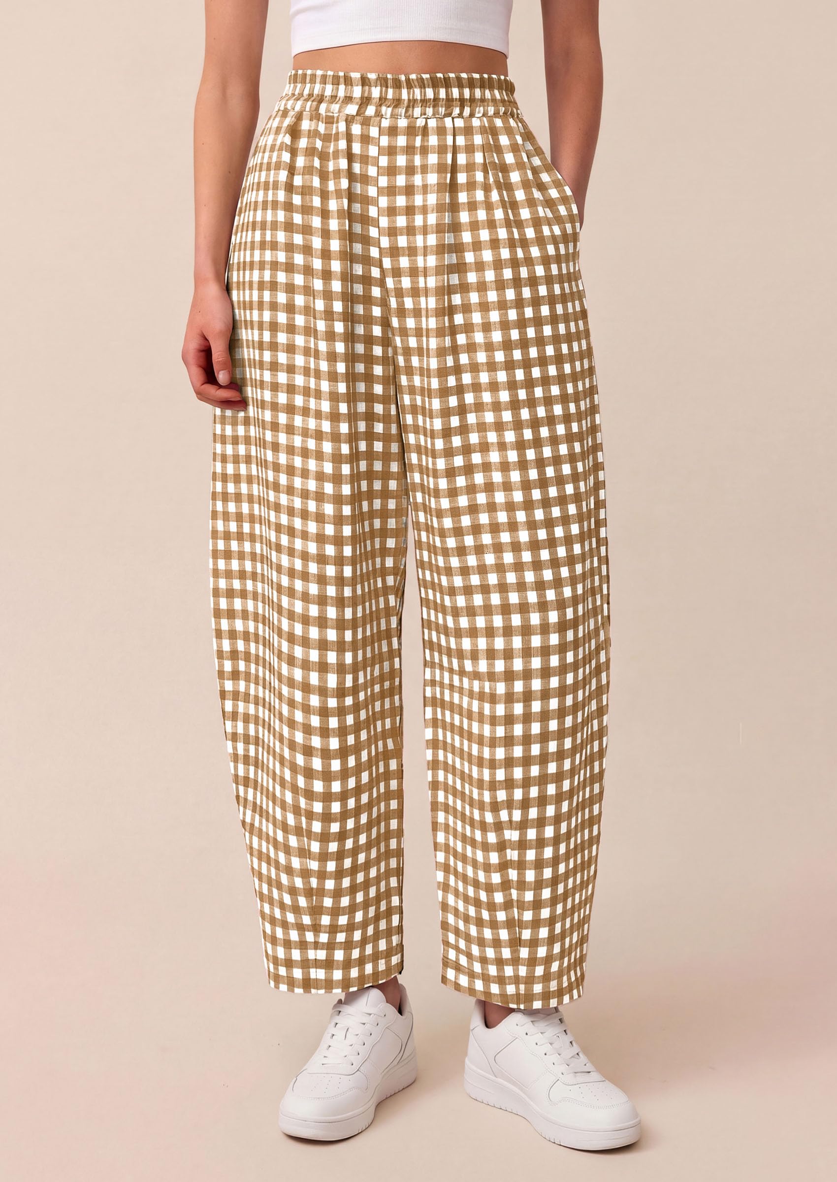 Plaid Barrel Pants Women Summer Bottoms, Khaki Plaid,S