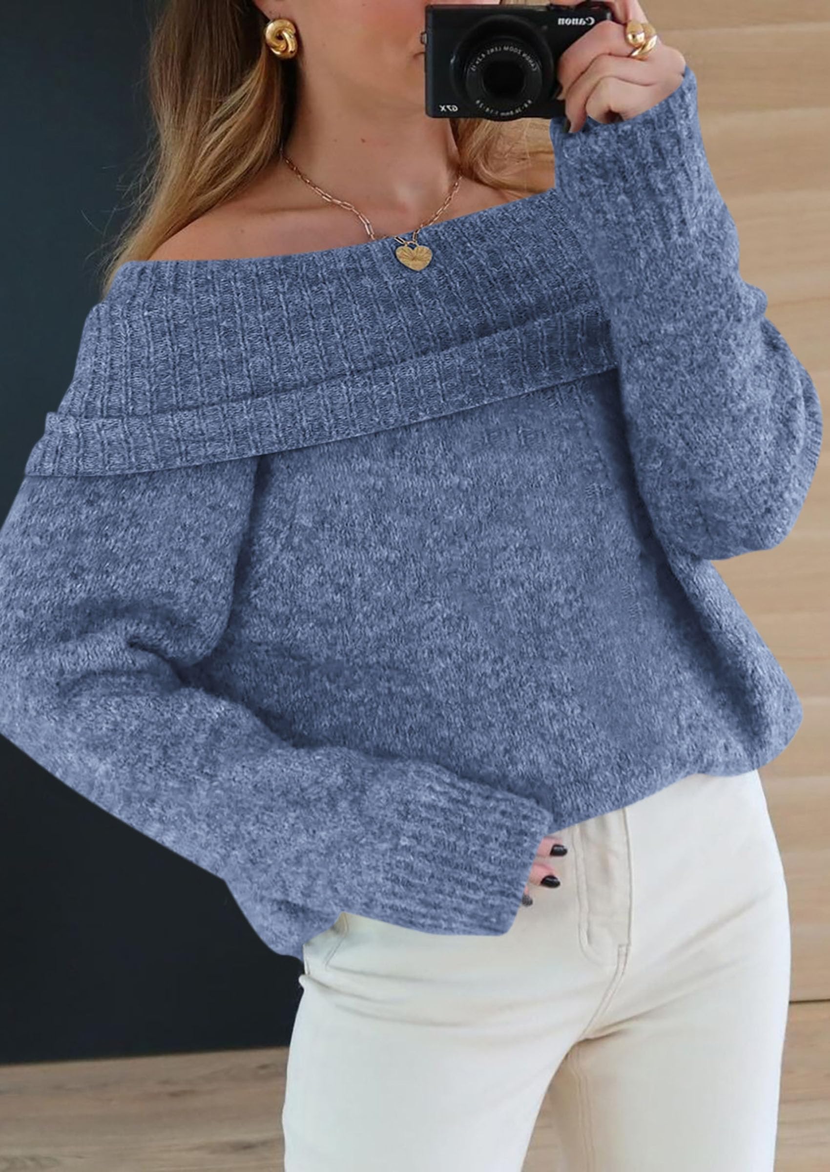 Women's Fall Off The Shoulder Sweater,Mist Blue,S