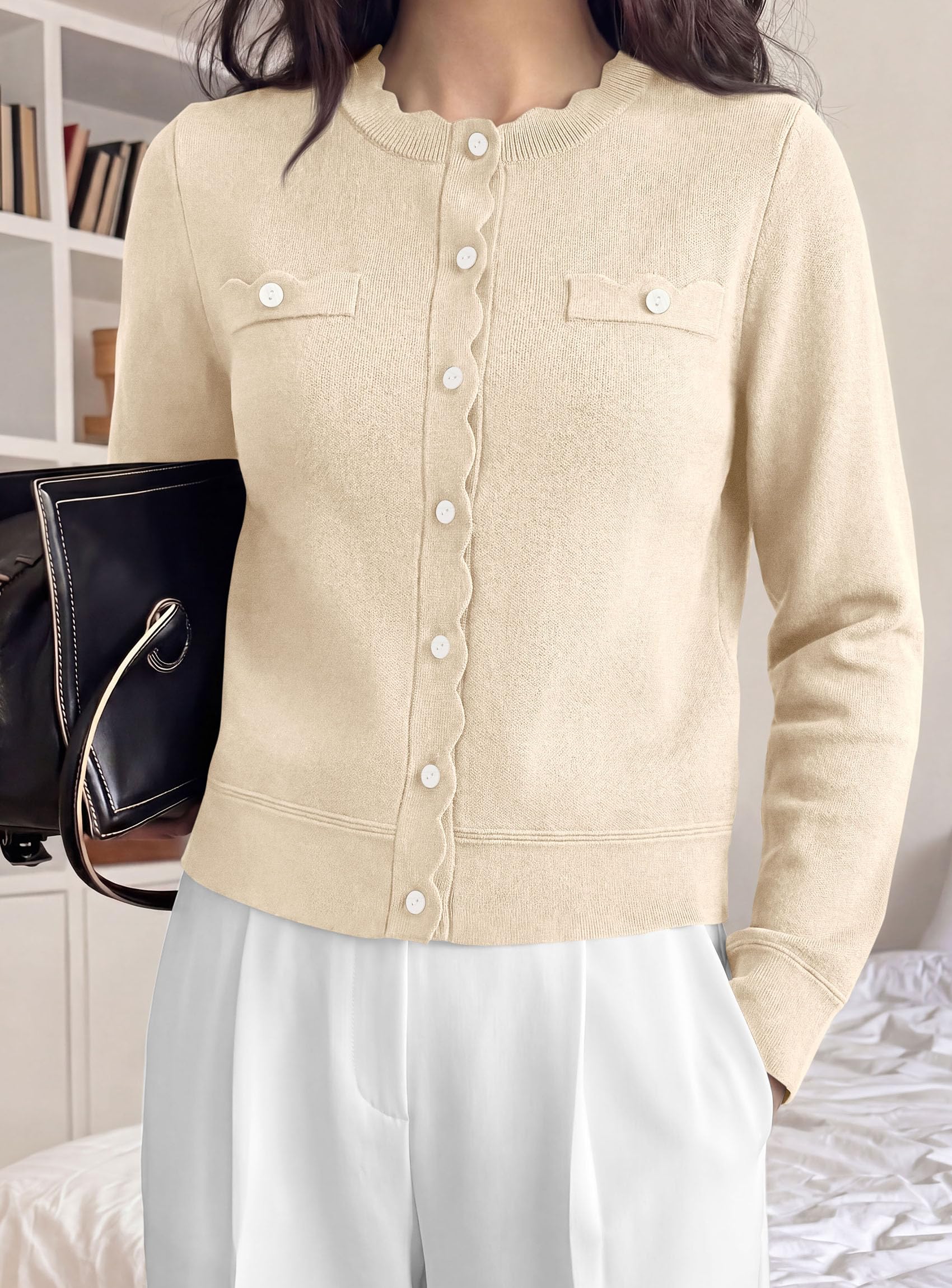 Womens Lightweight Cardigan Sweaters Scalloped Trim Fall Tops