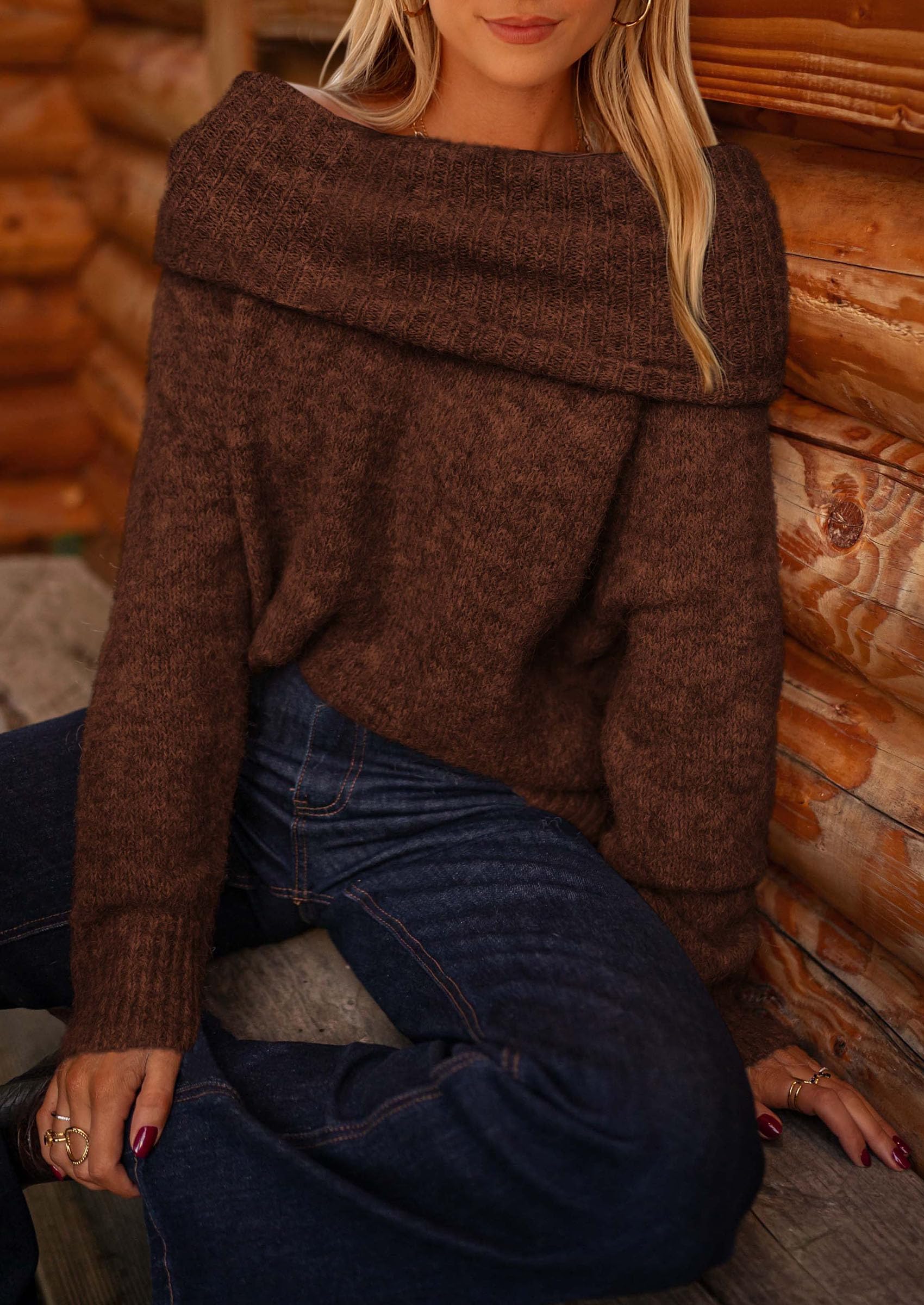 Women's Fall Off The Shoulder Sweater,Coffee,S