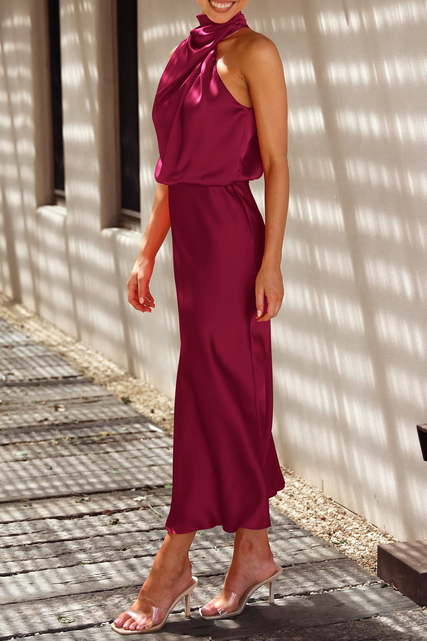Women's Summer Satin Maxi Cocktail Dress Deep Red