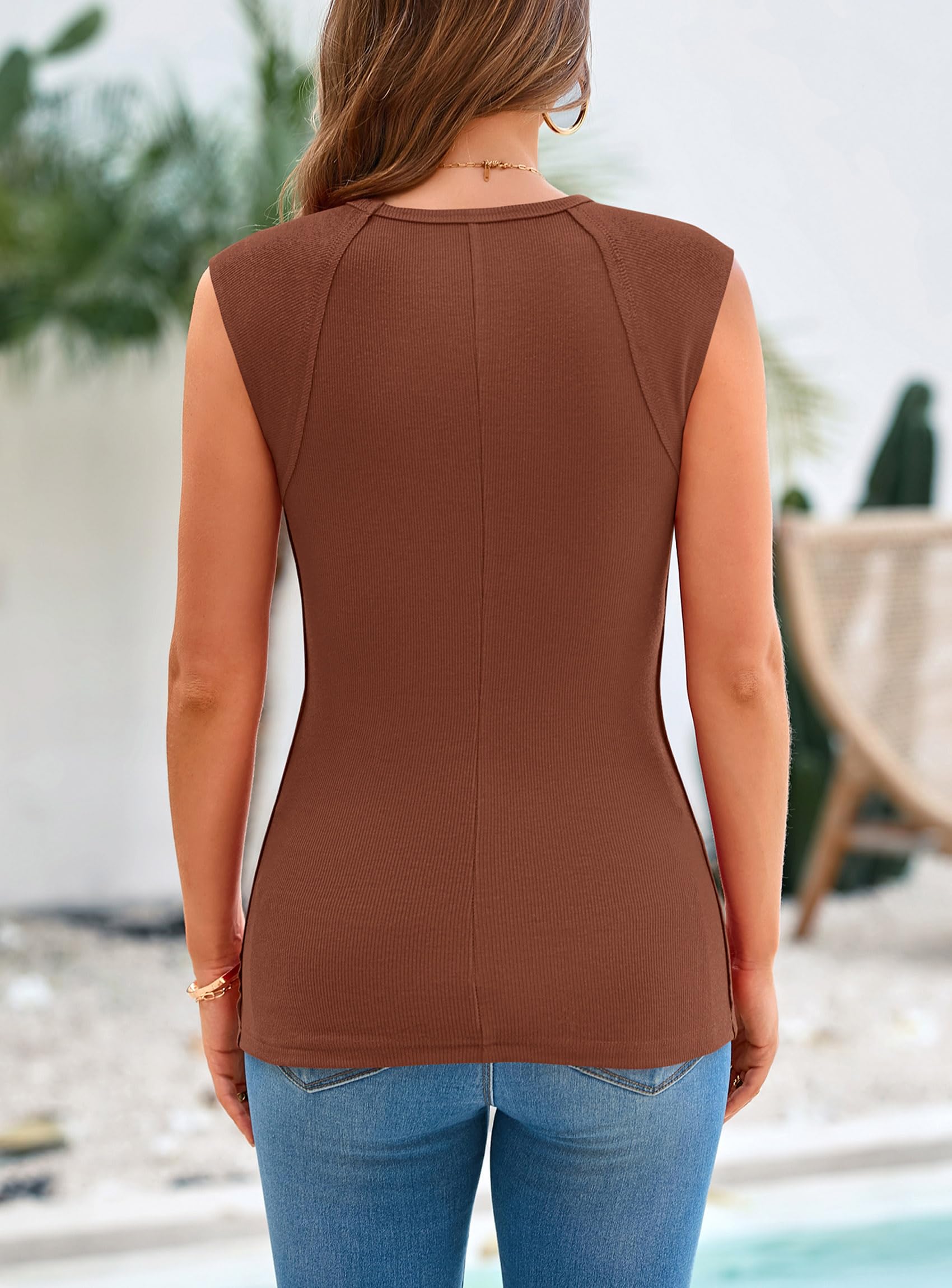 Women's Cap Sleeve Ribbed Tank Tops Summer, Brown,S
