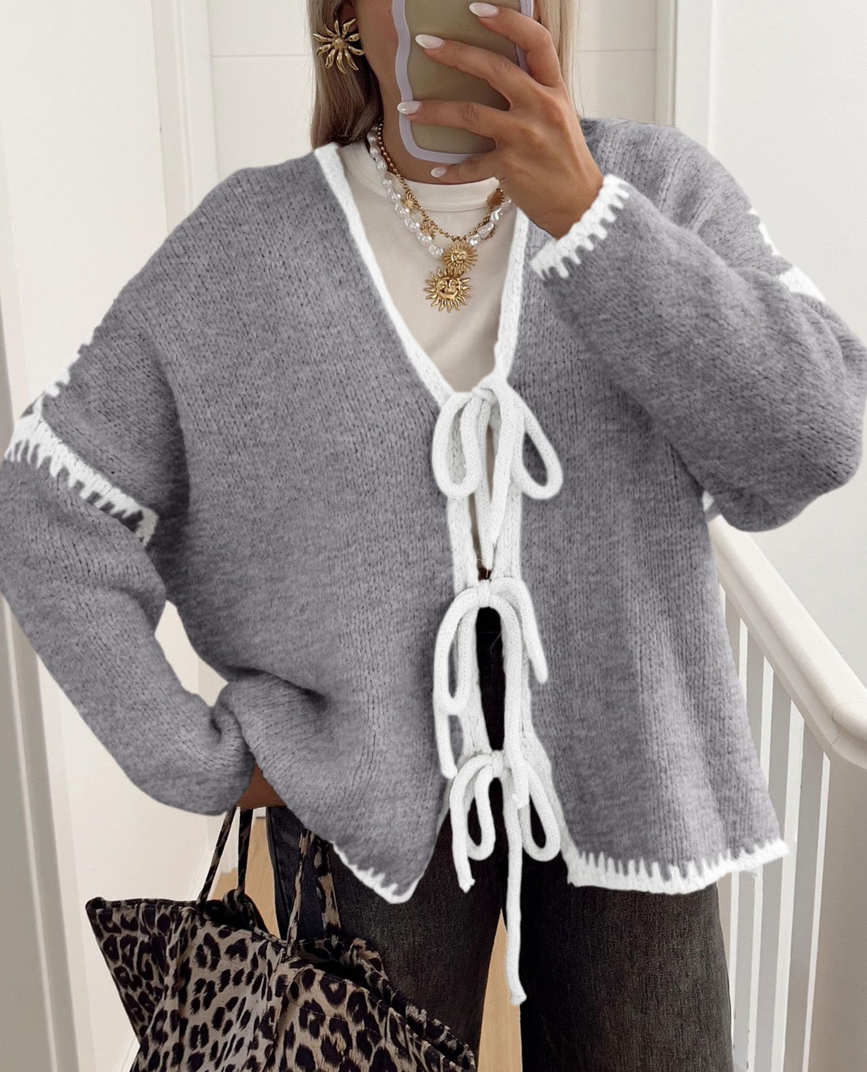 Women's Tie Front Bow Cardigan Sweaters(Grey White,Small)