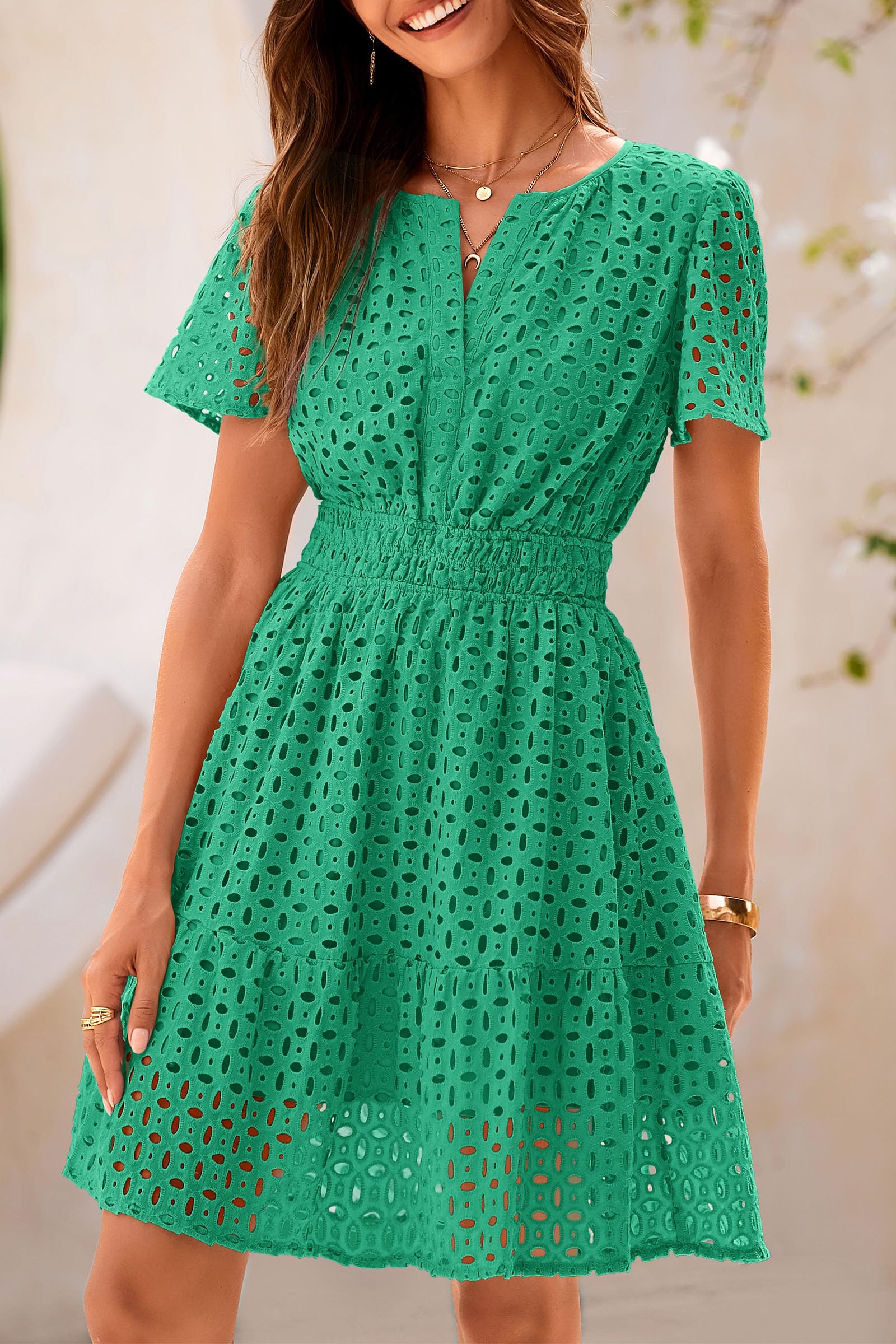 Women's Summer Eyelet Lace Short Dresses (Green,S)