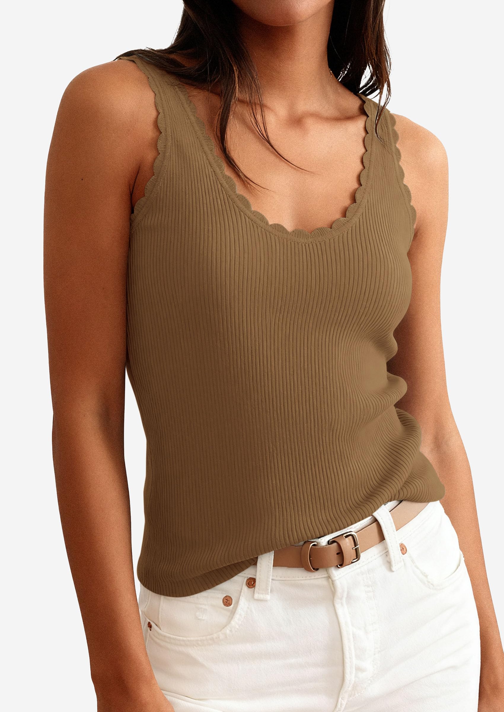Womens Ribbed Knit Sleeveless Tank Tops,Khaki,XS