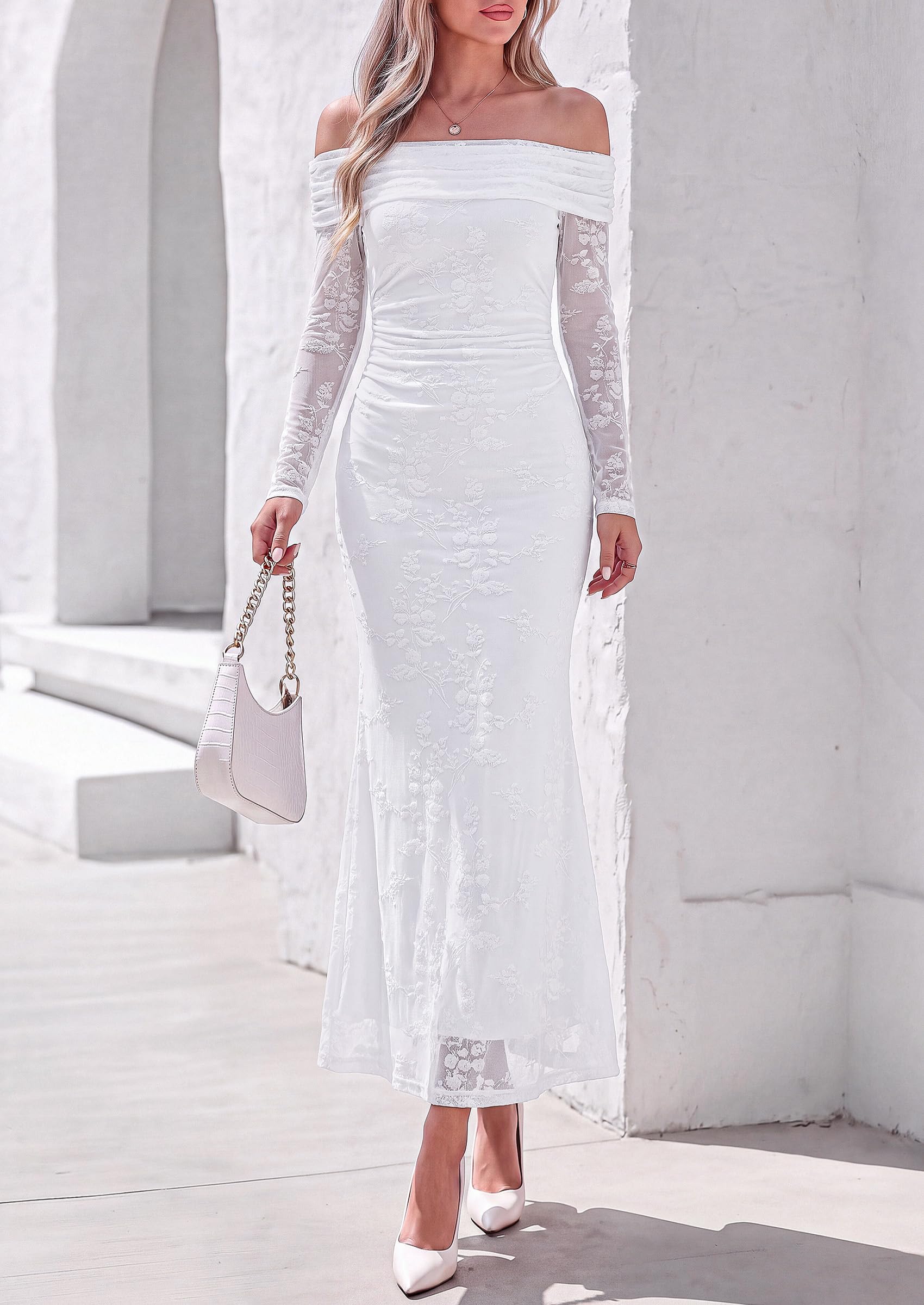 Womens Fall Off Shoulder Floral Maxi Wedding Guest Dress White