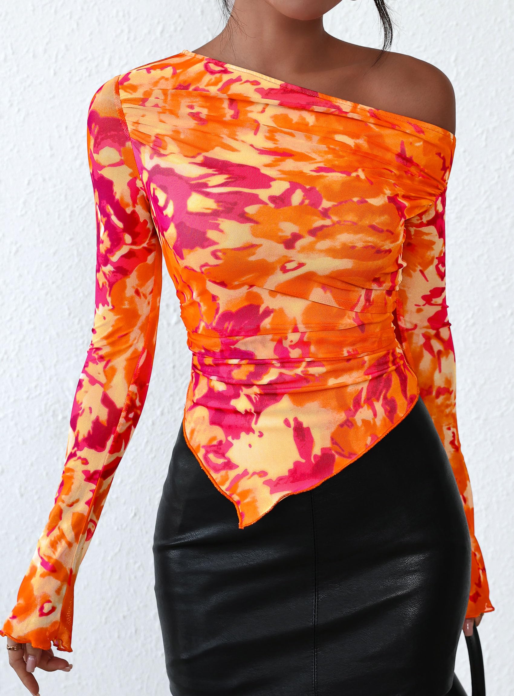 Womens Off Shoulder Mesh Y2k Tops,Floral Orange,XS