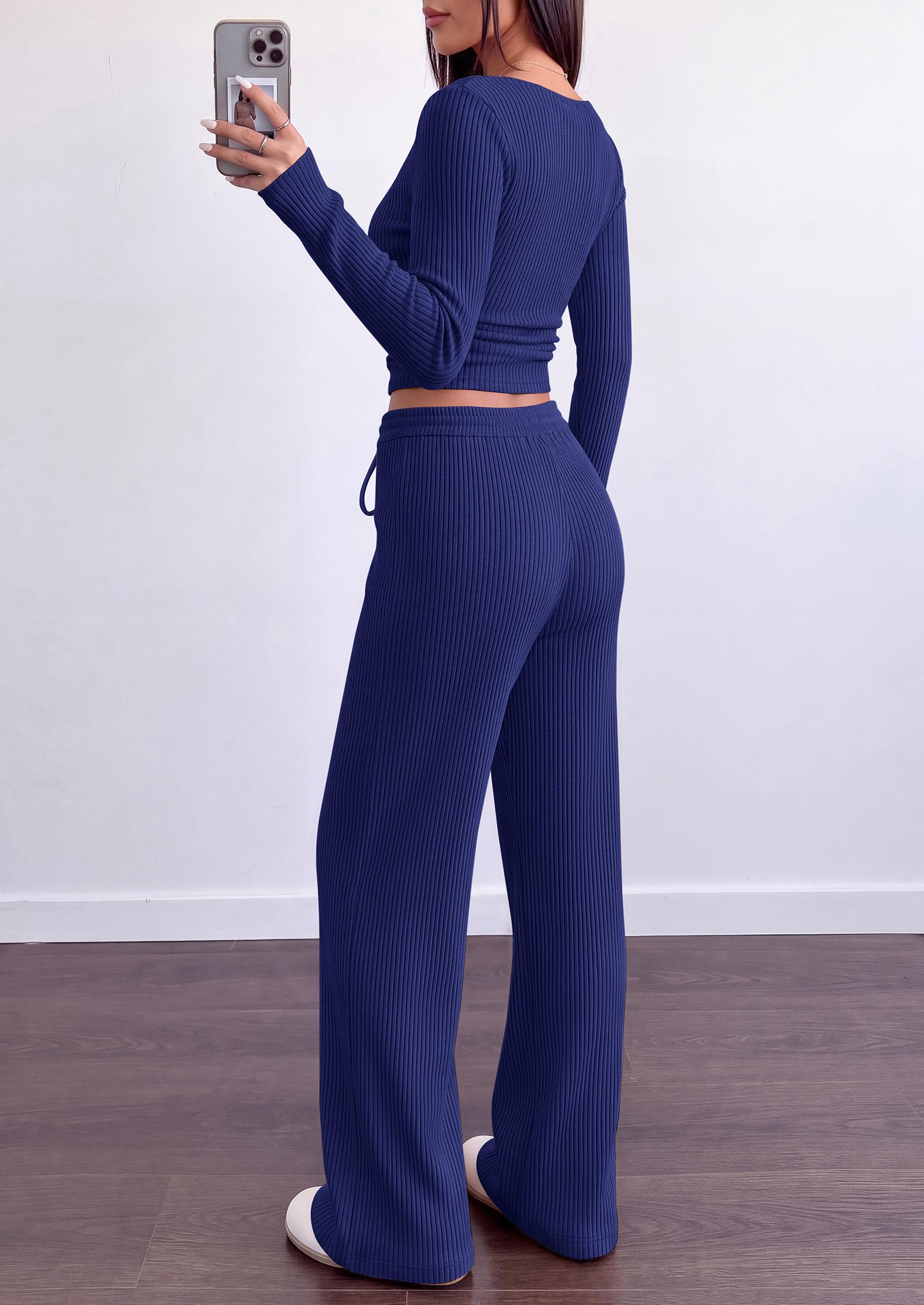 Matching Sets Women Clothing Fall Ribbed 2 Piece Lounge Set