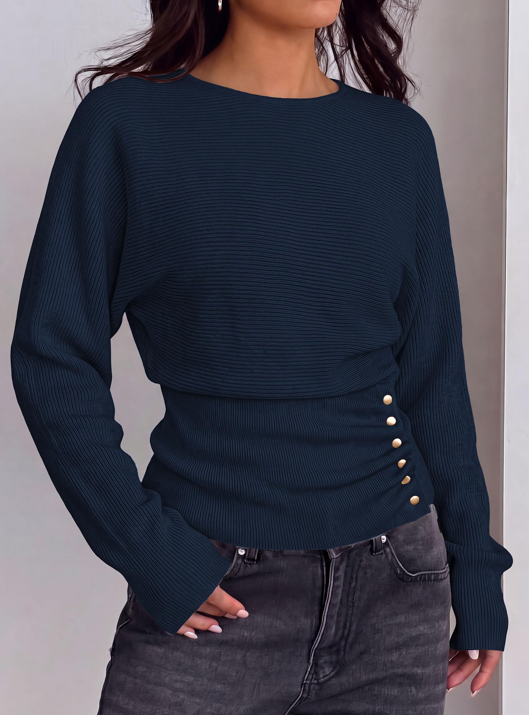 Batwing Sleeve Sweaters for Women Pullover Fall Clothes Navy