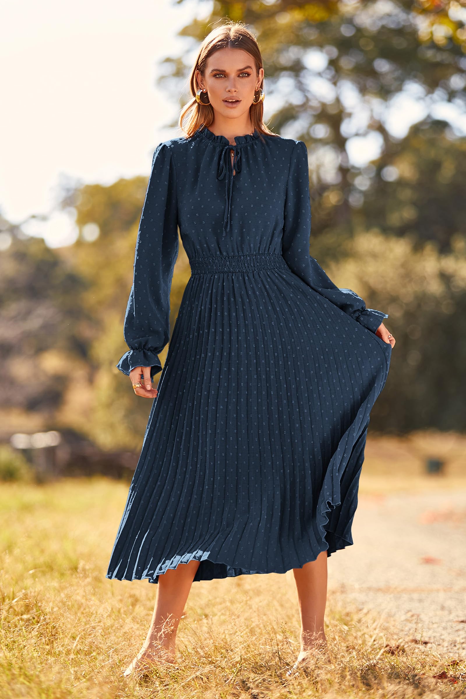 Women's Fall Midi Wedding Guest Dress(Navy,Small)