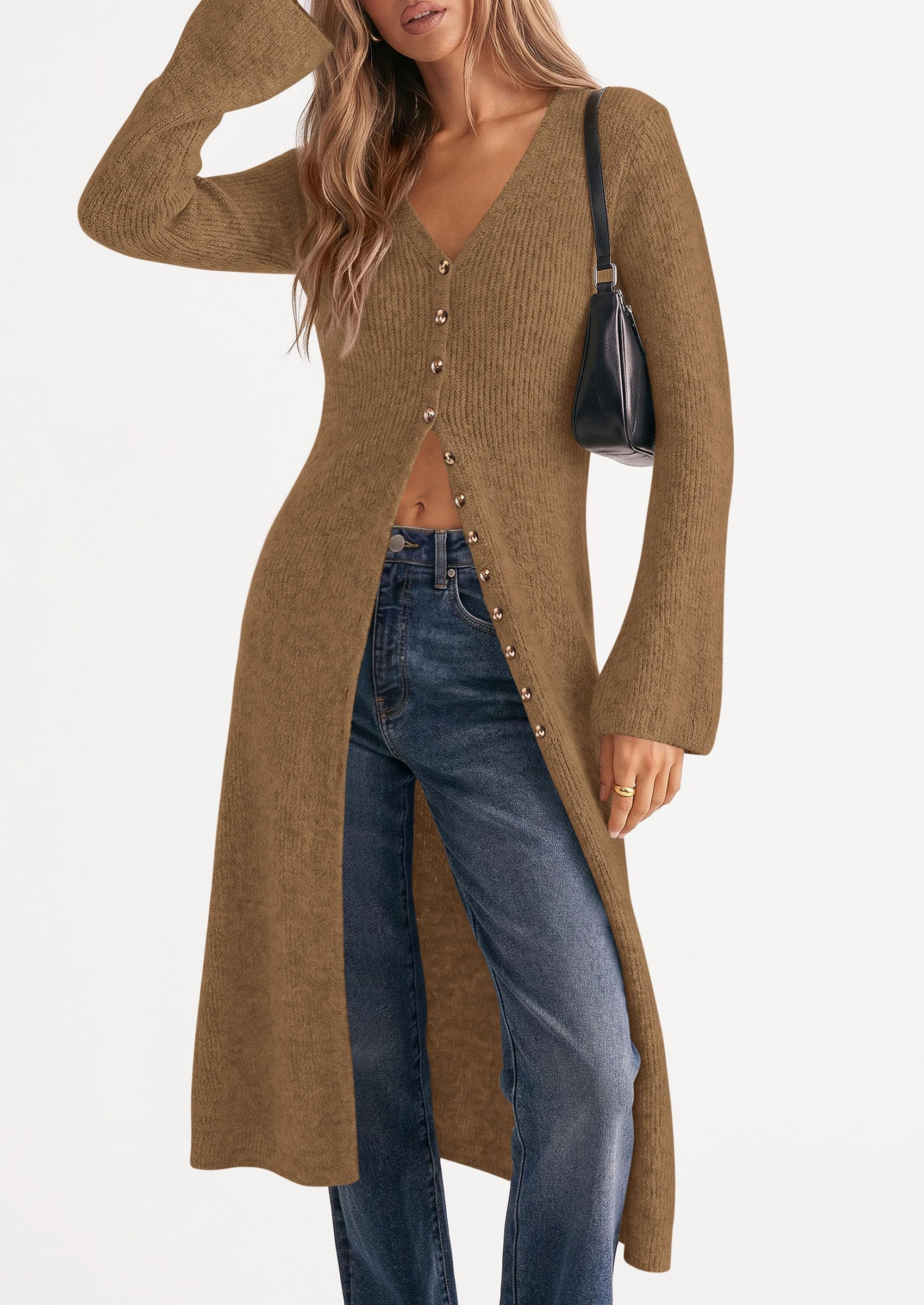 Women Long Cardigan Bell Sleeve Sweater Dress (Dark Khaki,S)