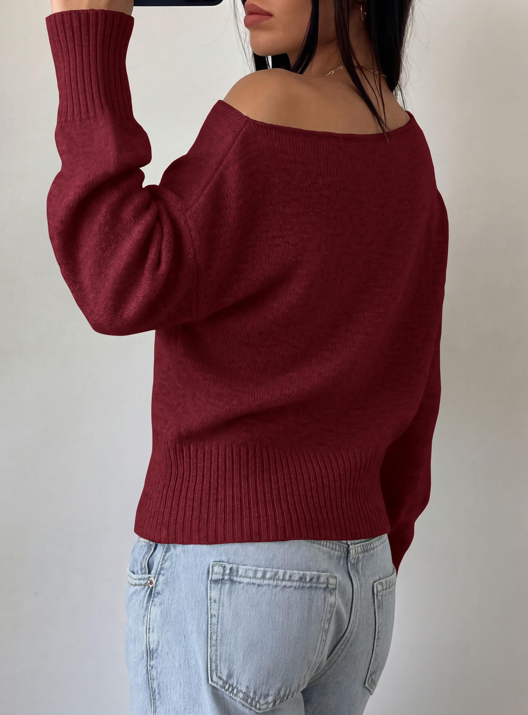 Womens Off The Shoulder Sweater Fall Fashion,Wine Red,S