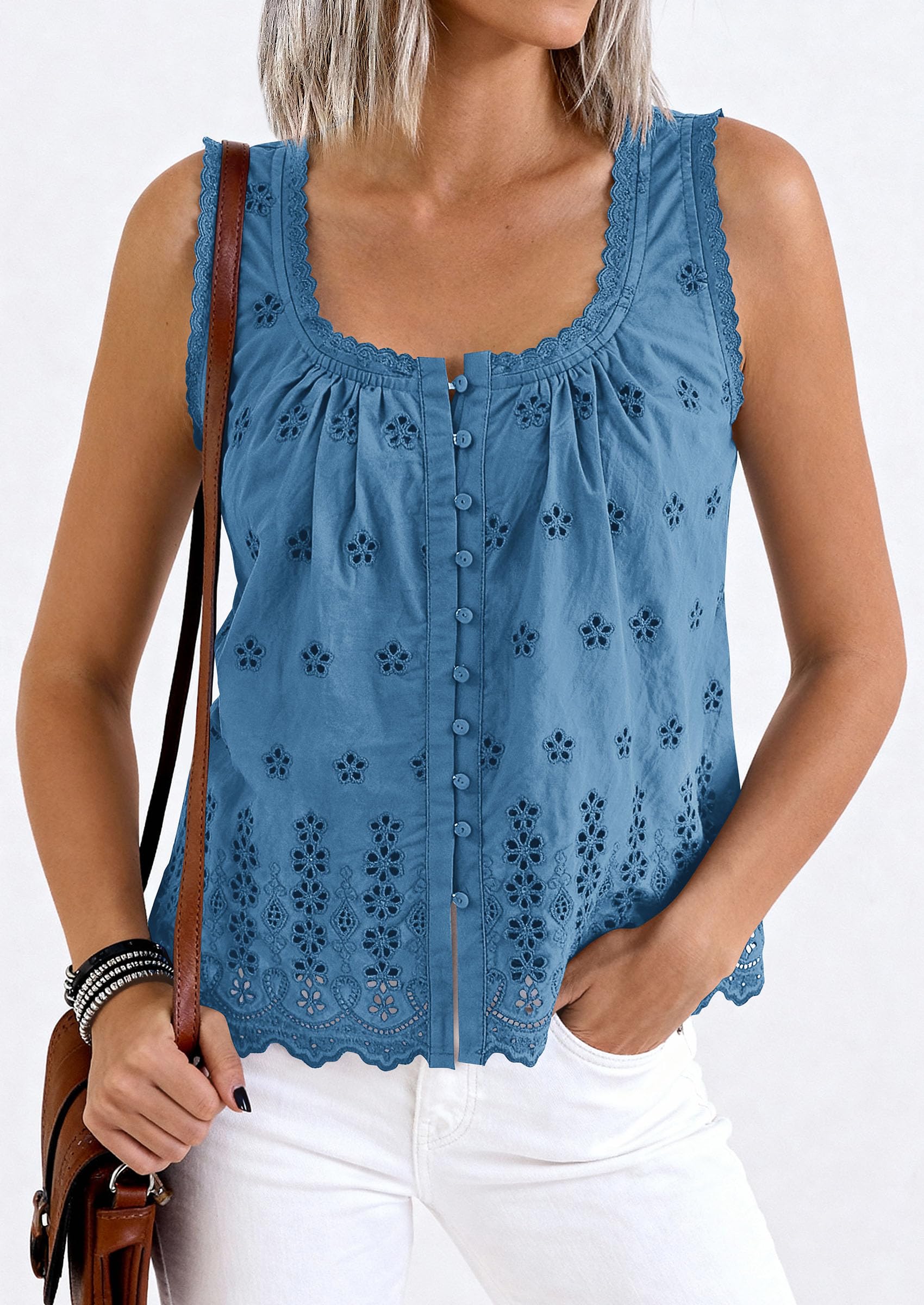 Women's Lace Tank Top Embroidery Eyelet Blouses,Dusty Blue,S