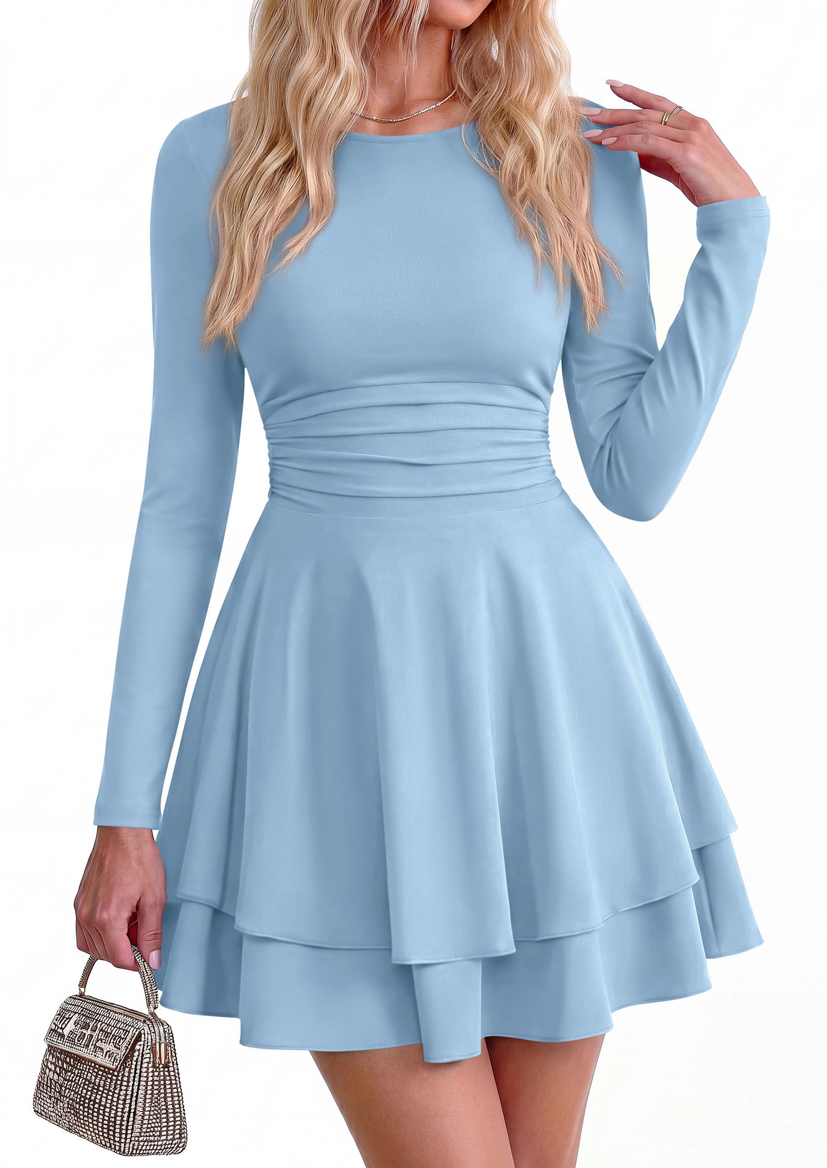 Womens Fit and Flare Crewneck Long Sleeve Mini Dress