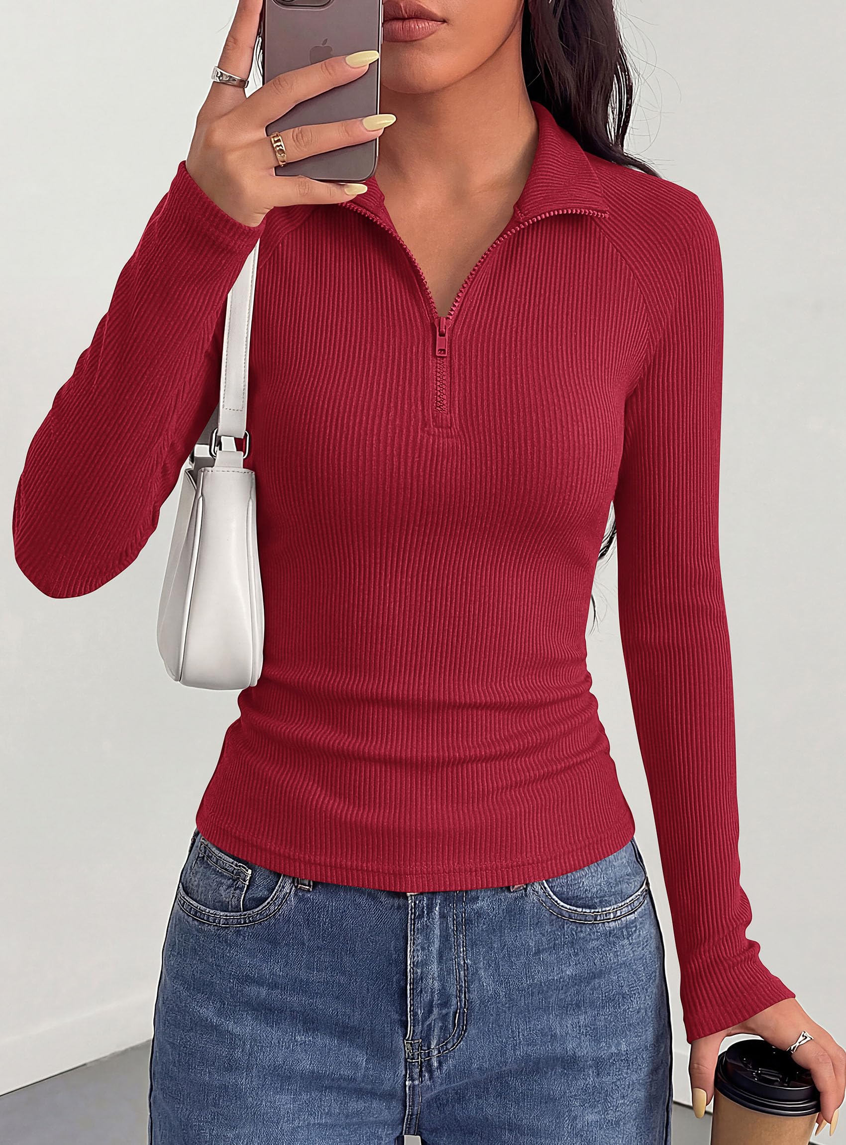 Women's Long Sleeve Shirts Fall Quarter Zip Up Pullover Tops