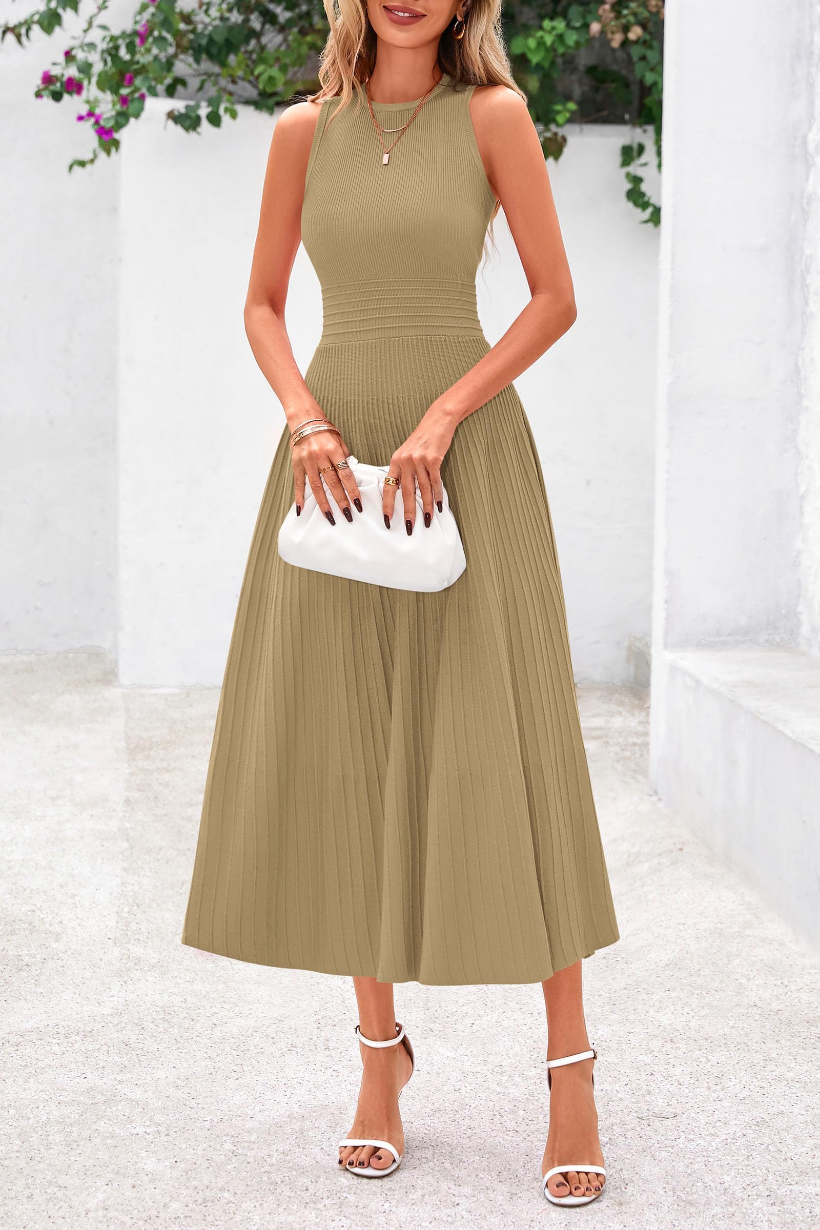 Women's Summer Pleated Midi Work Dress,Camel,S