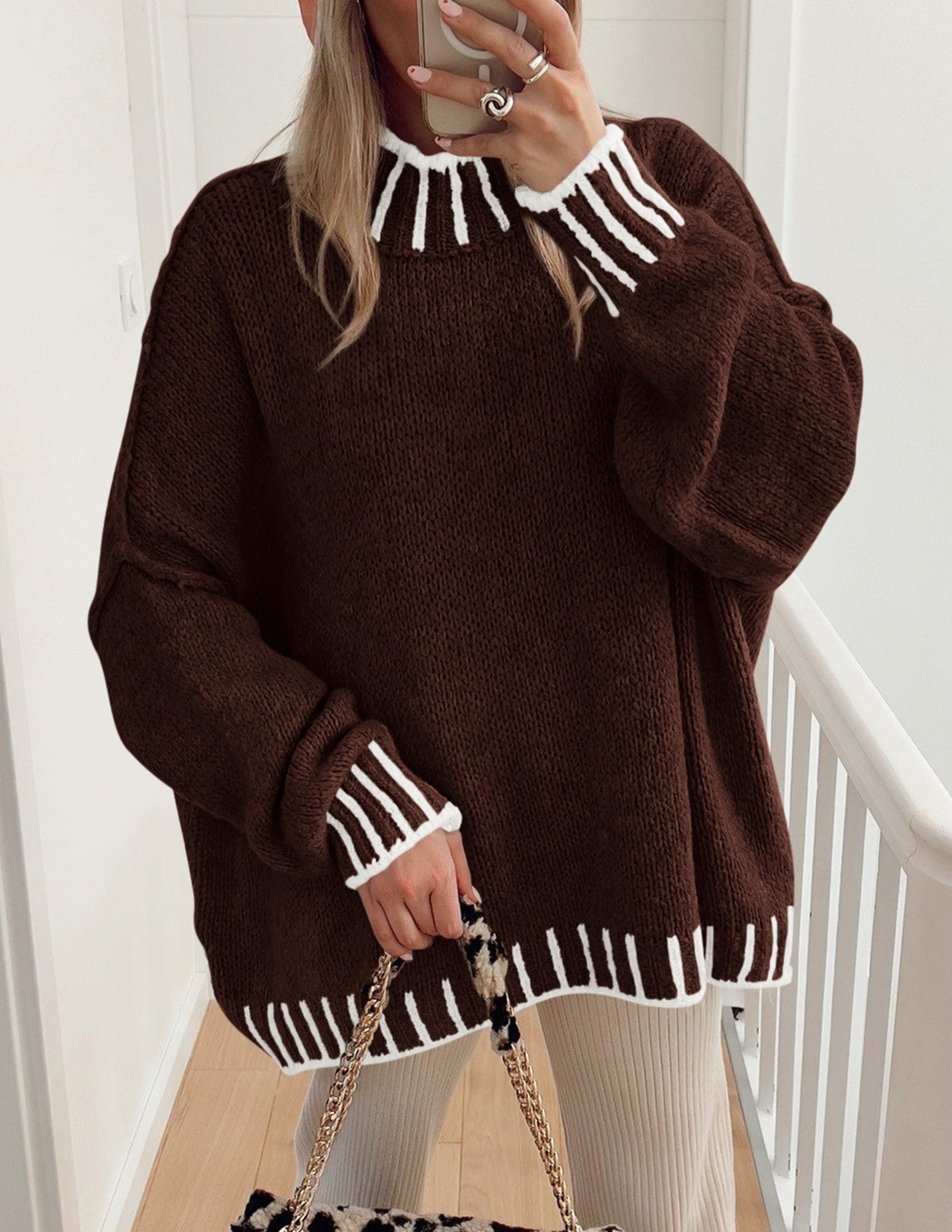 Women's Mock Neck Oversized Pullover Sweaters,Brown,XS