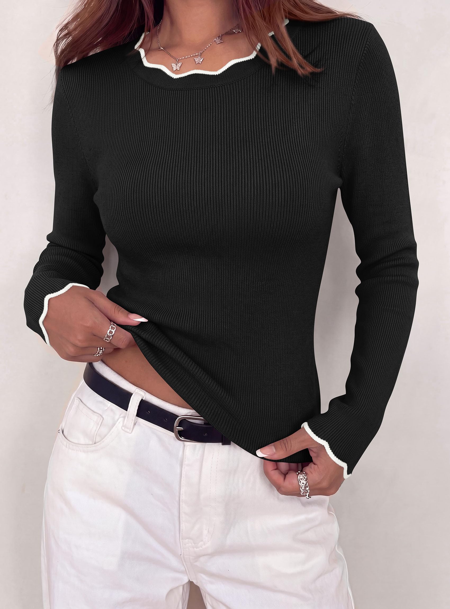 Women's Long Sleeve Ribbed Knit Pullover Sweaters,Black,S