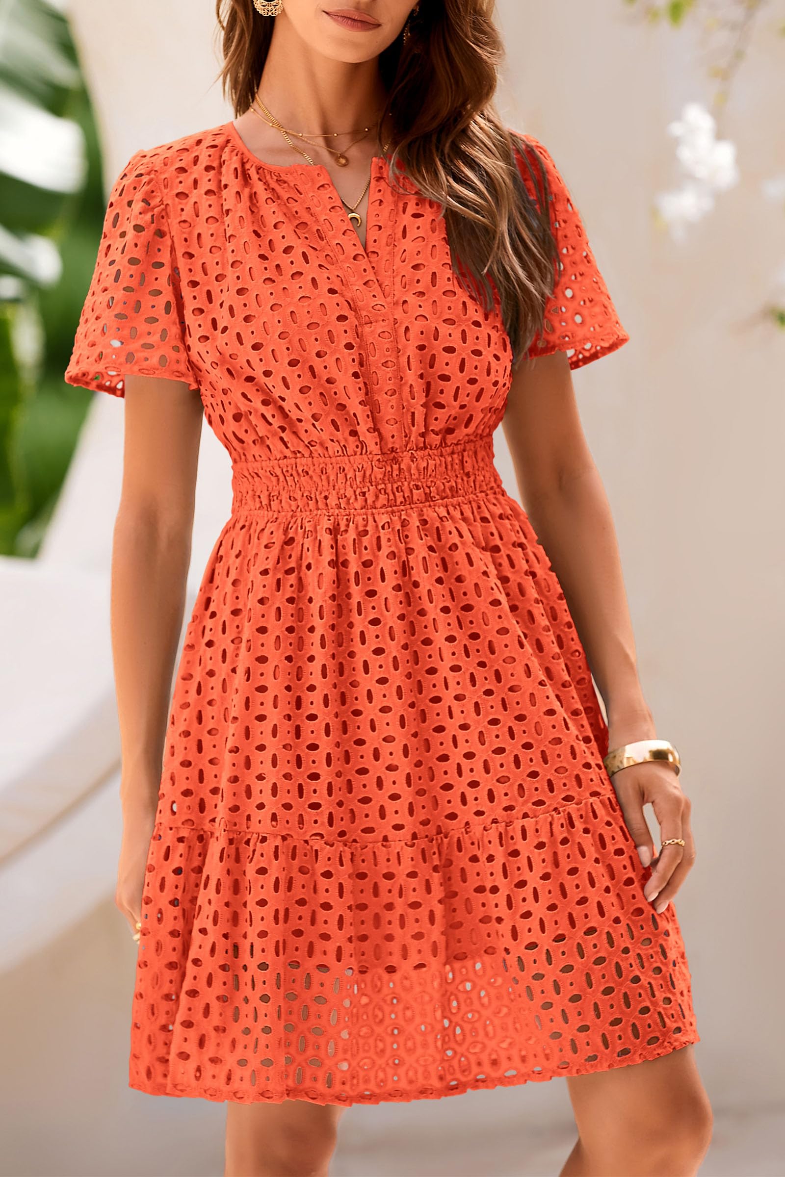 Women's Summer Eyelet Lace Short Dresses (Orange,S)