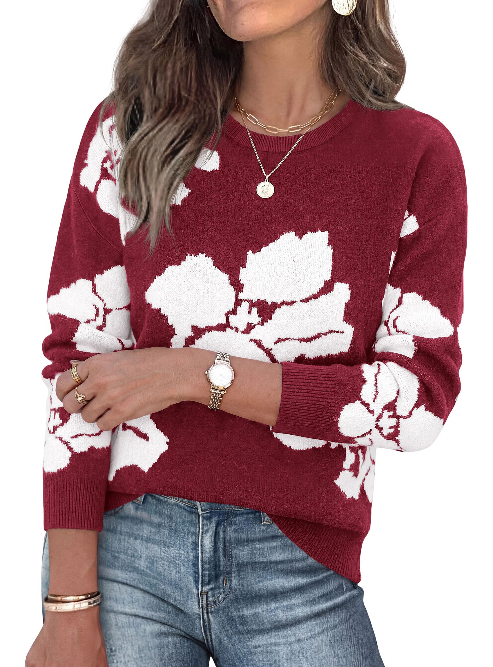 Womens Floral Sweater Crewneck Printed Pullover Tops Wine Red