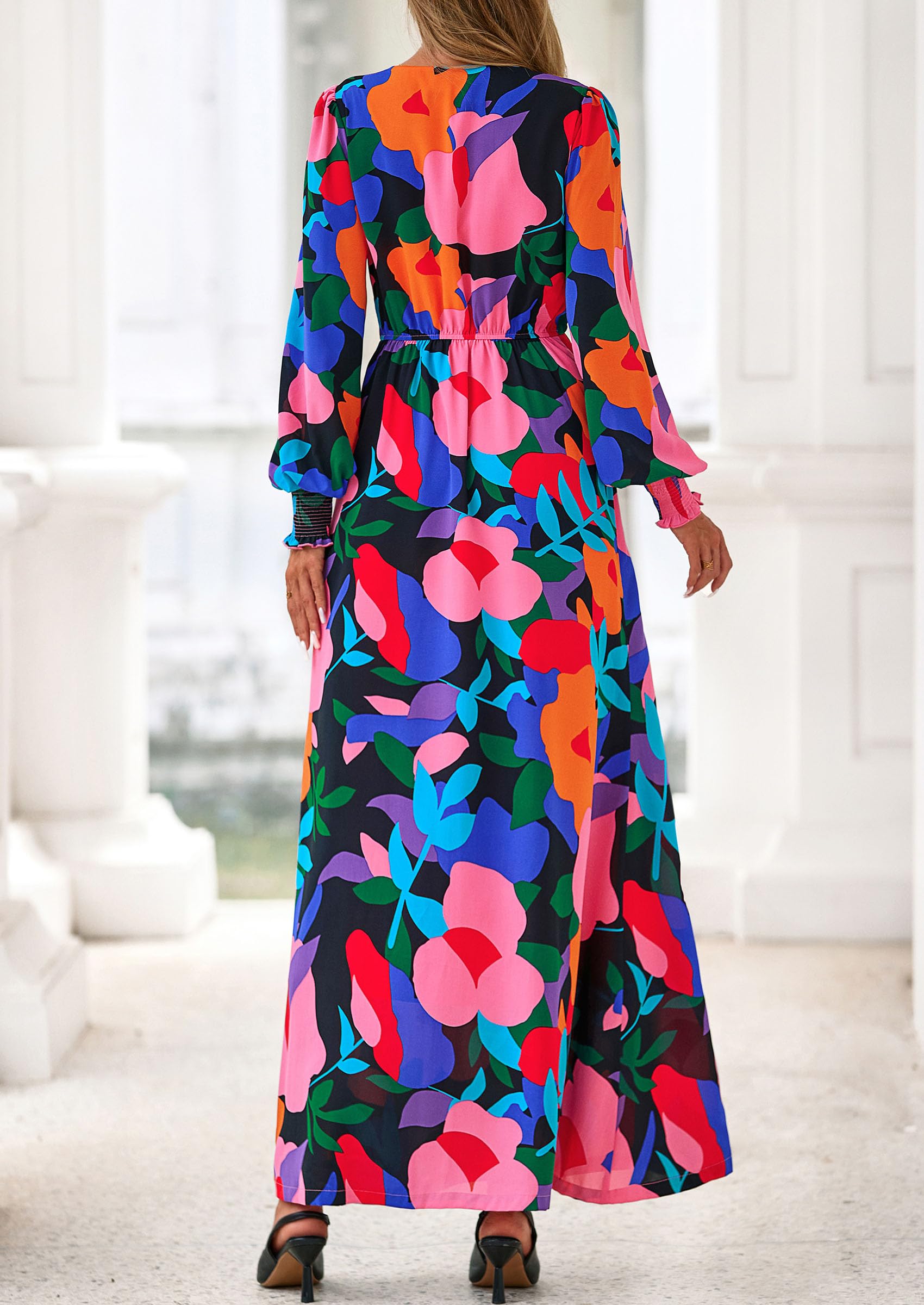 Women's Tie Waist Floral Maxi Dress,Floral Black,S