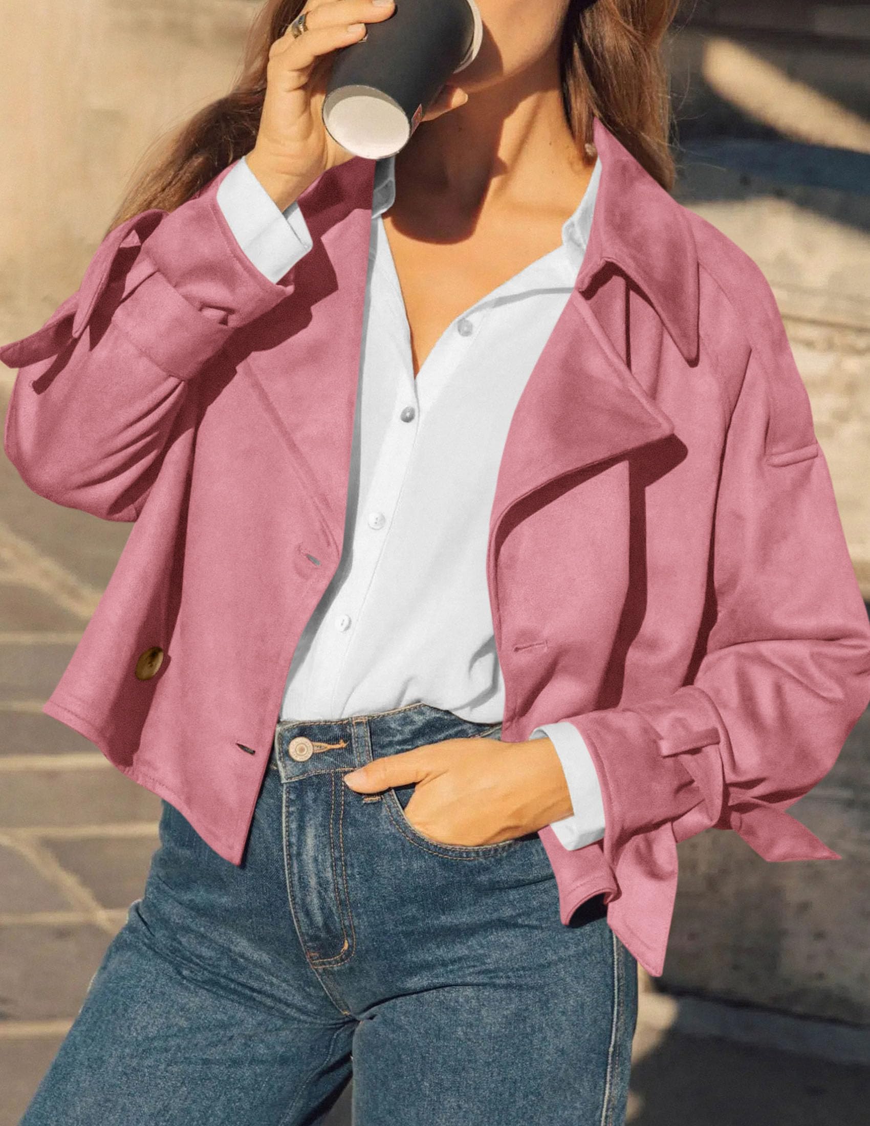 Women Faux Suede Double Breasted Trench Coat Cropped Jackets
