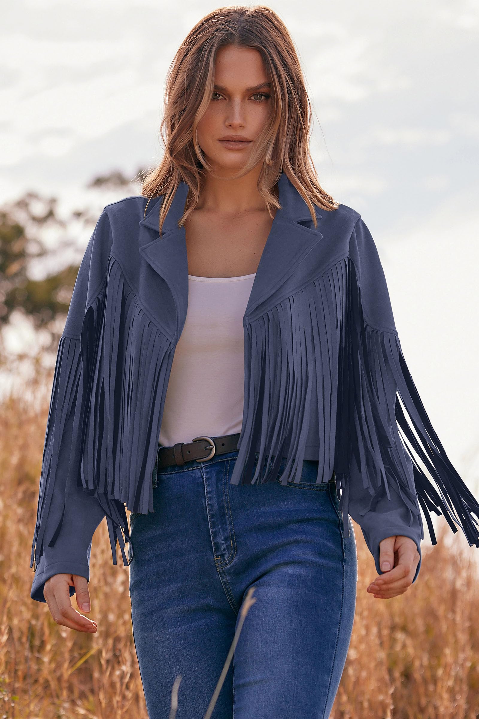 Women's Fringe Faux Suede Leather Jackets,Haze Blue,S