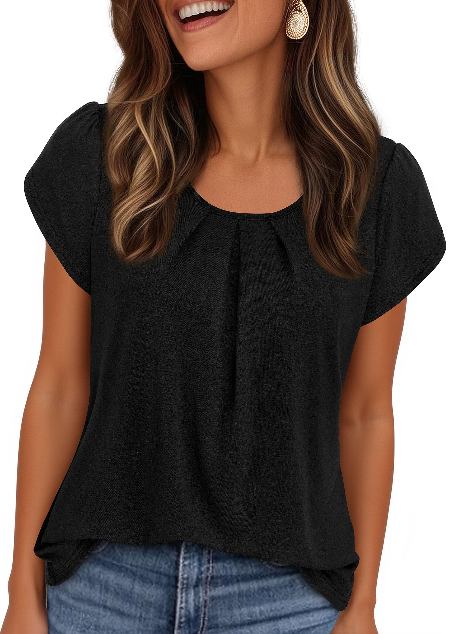 Women's Summer Short Sleeve Tops Casual Blouses,Black,S