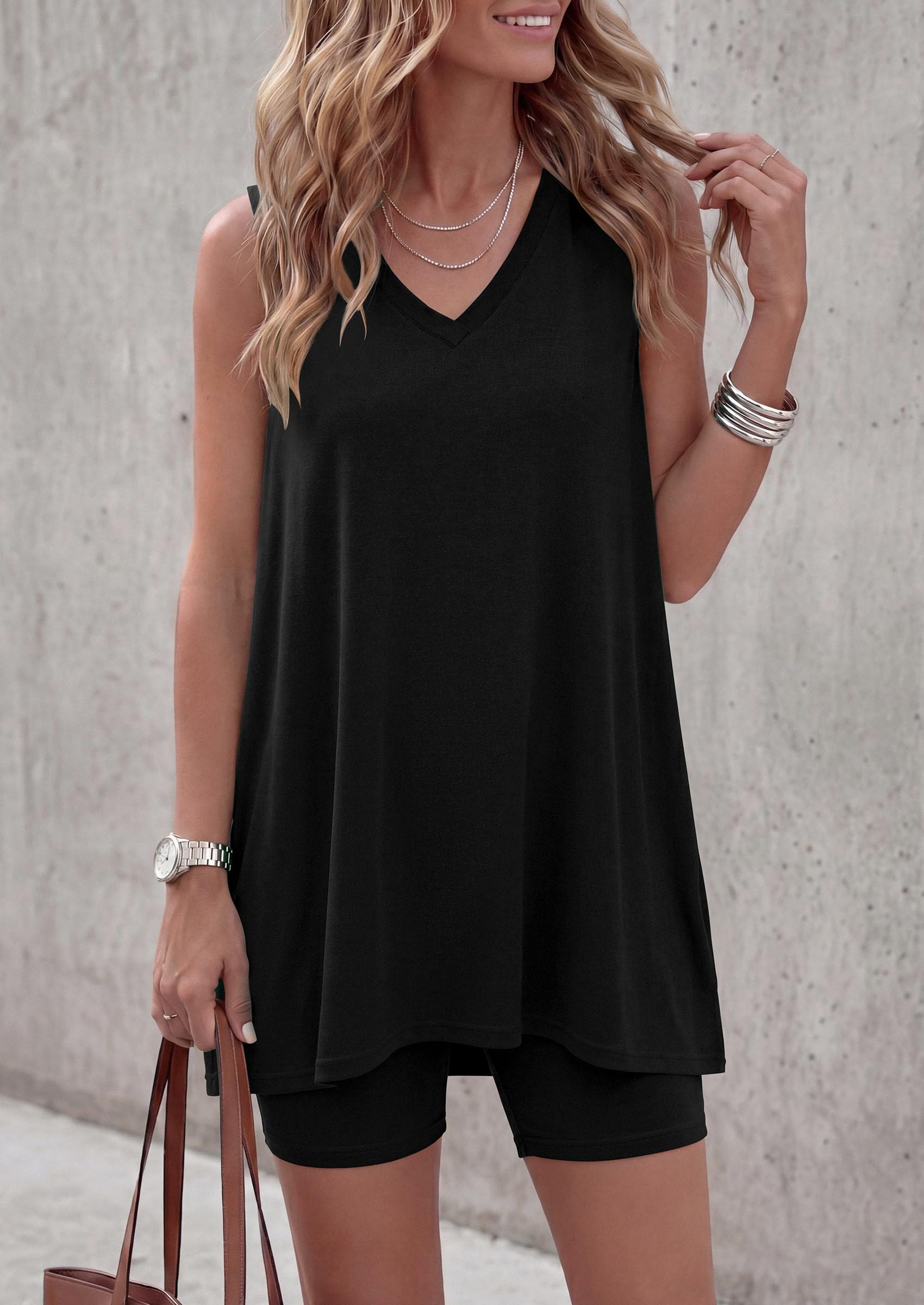 Women's Summer 2 Piece Outfits Short Sets (Black,S)