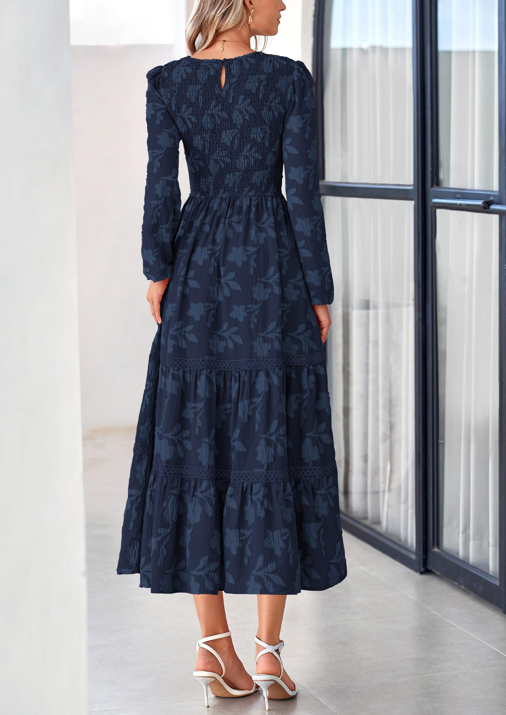 Women's Long Sleeve Boho Floral Midi Dress, Navy,S