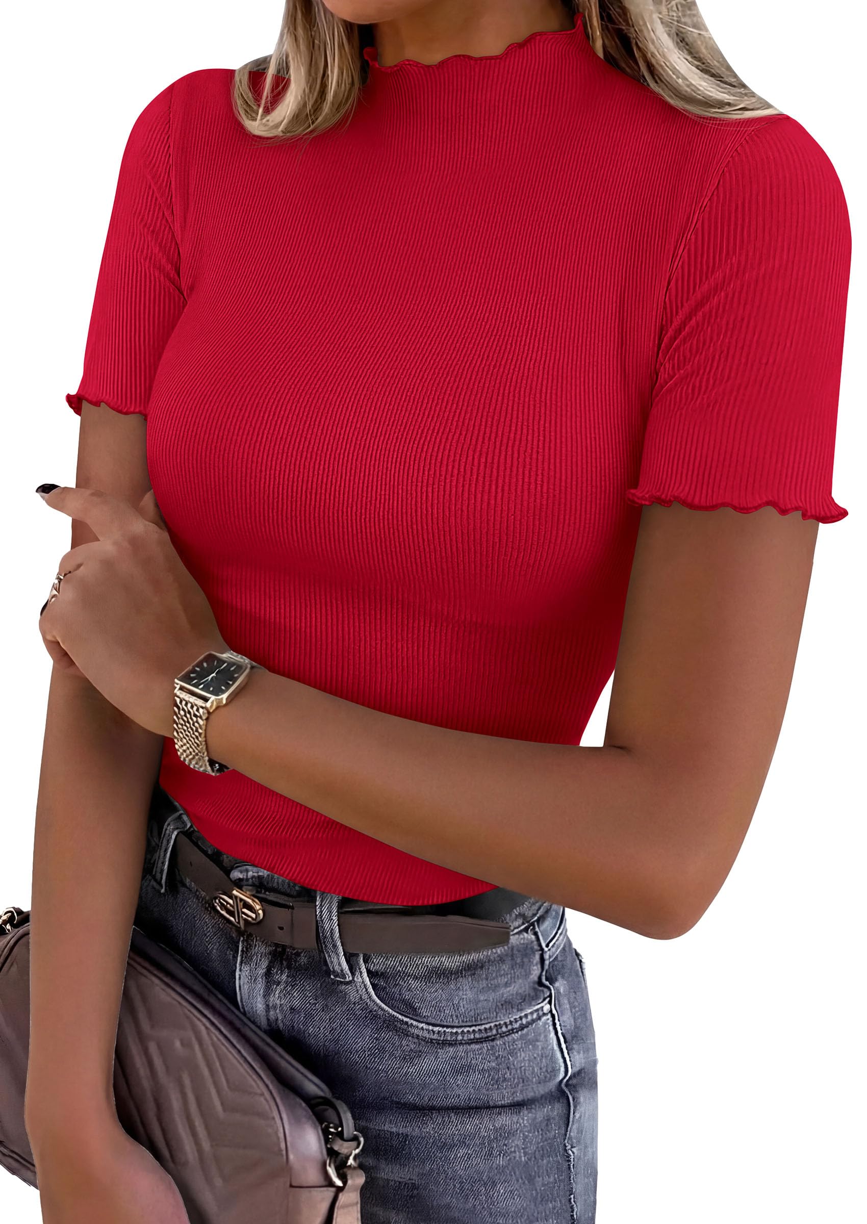 Women's Short Sleeve Ribbed Knit T Shirts, Red,XS