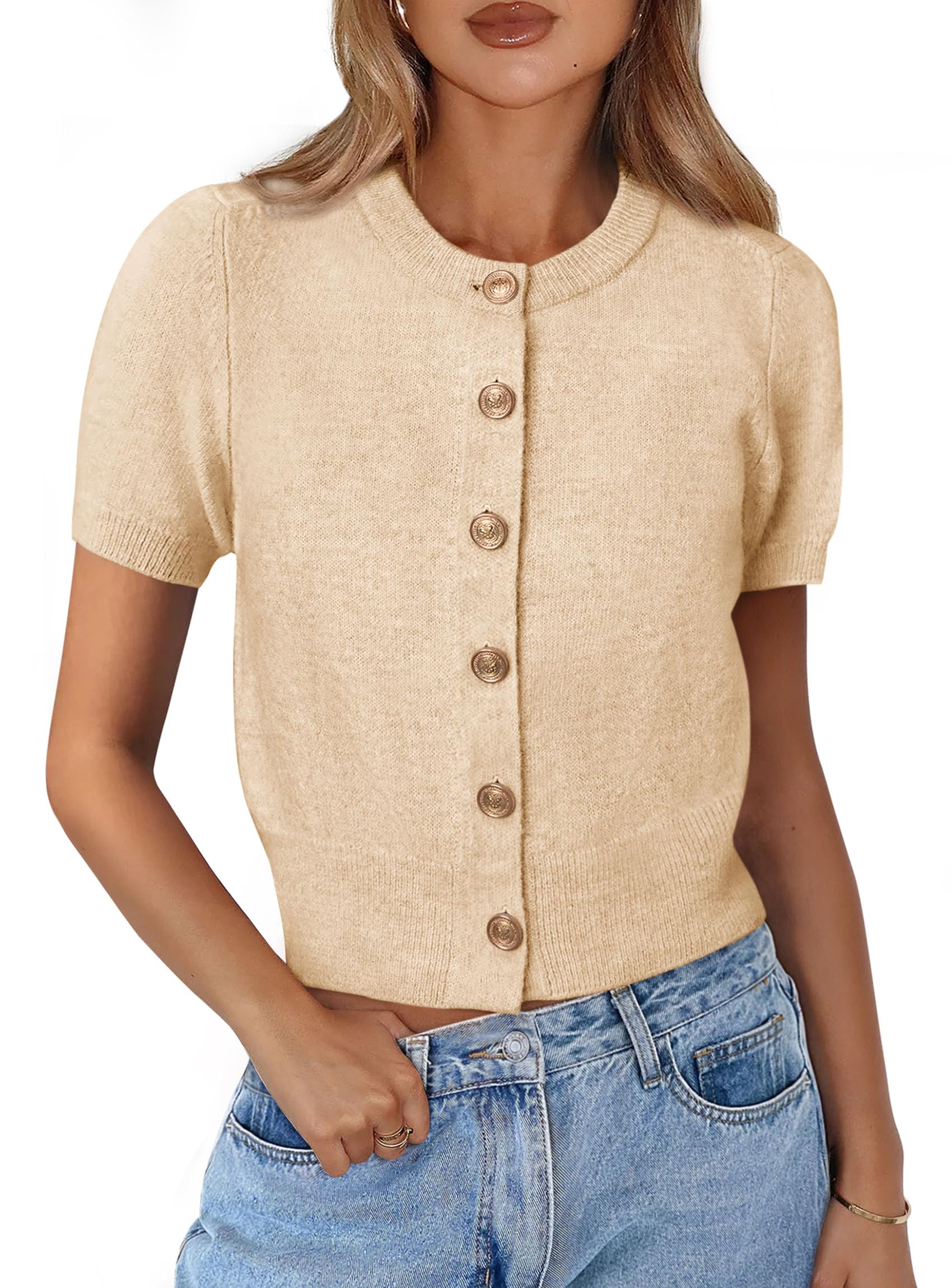 Womens Summer Cardigan Short Sleeve Sweater,Beige,S
