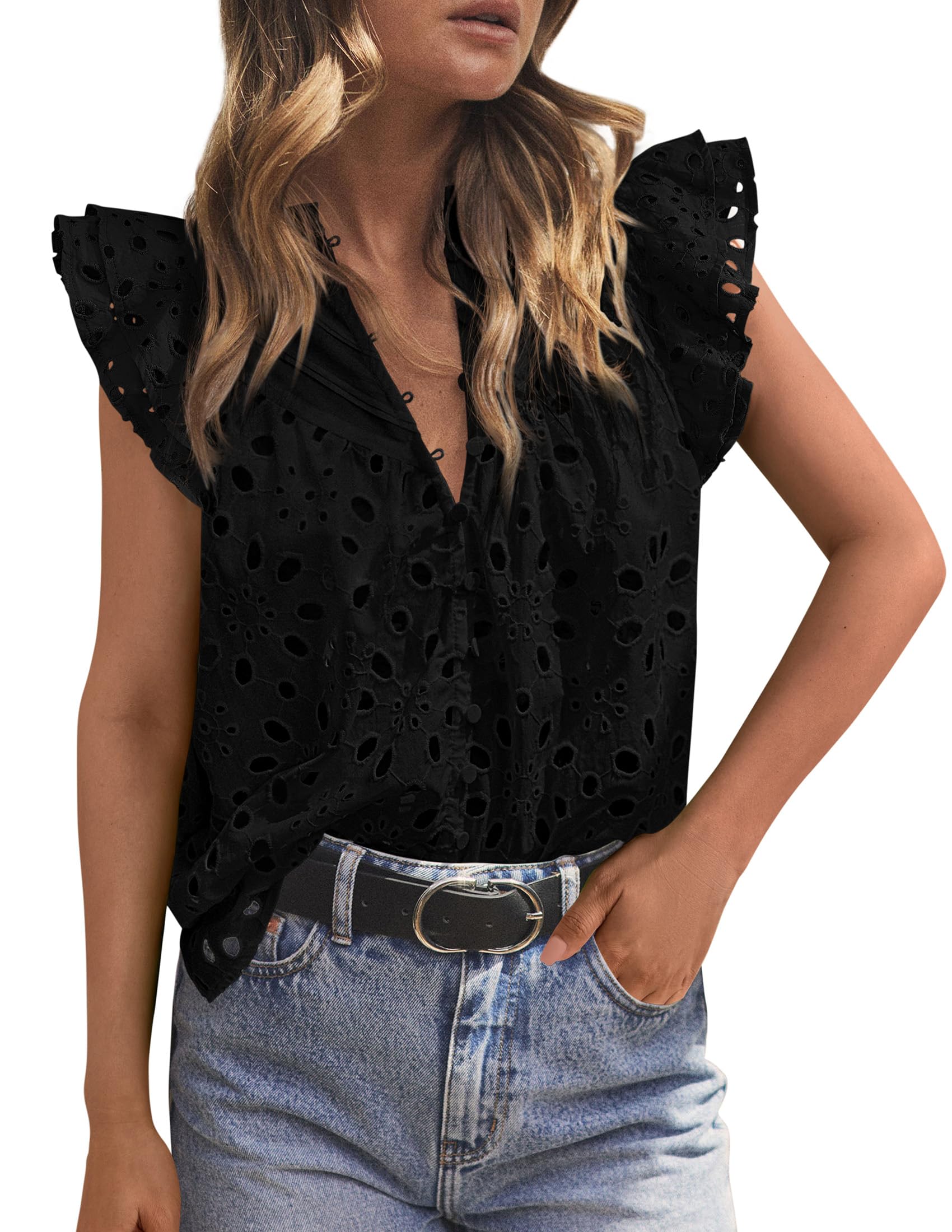 Women's Eyelet V Neck Summer Tops Dressy Casual Black,S