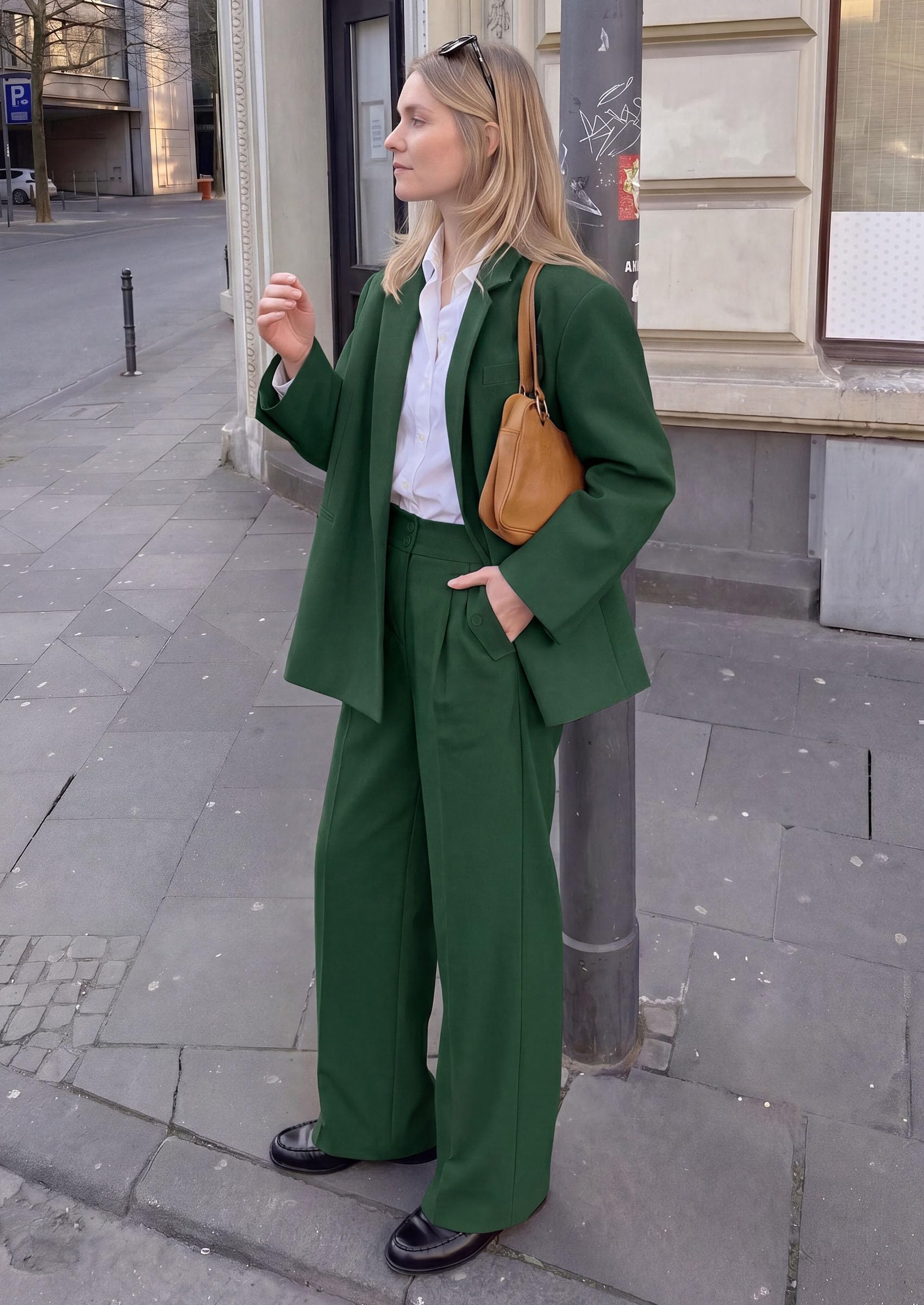 Women's Wide Leg Work Dress Pants Trousers (Dark Green,S)