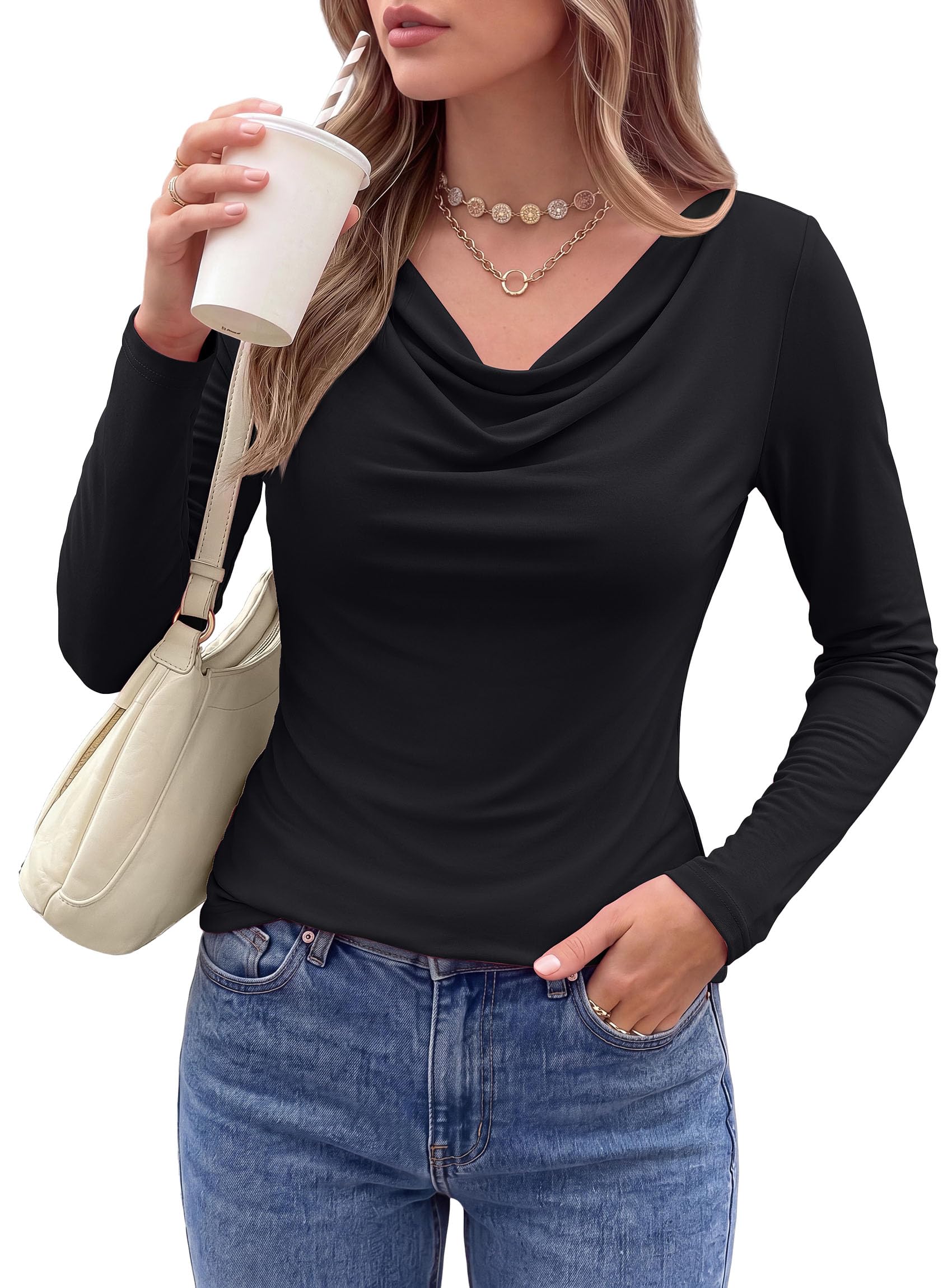 Cowl Neck Tops for Women Fashion Long Sleeve Shirt Black