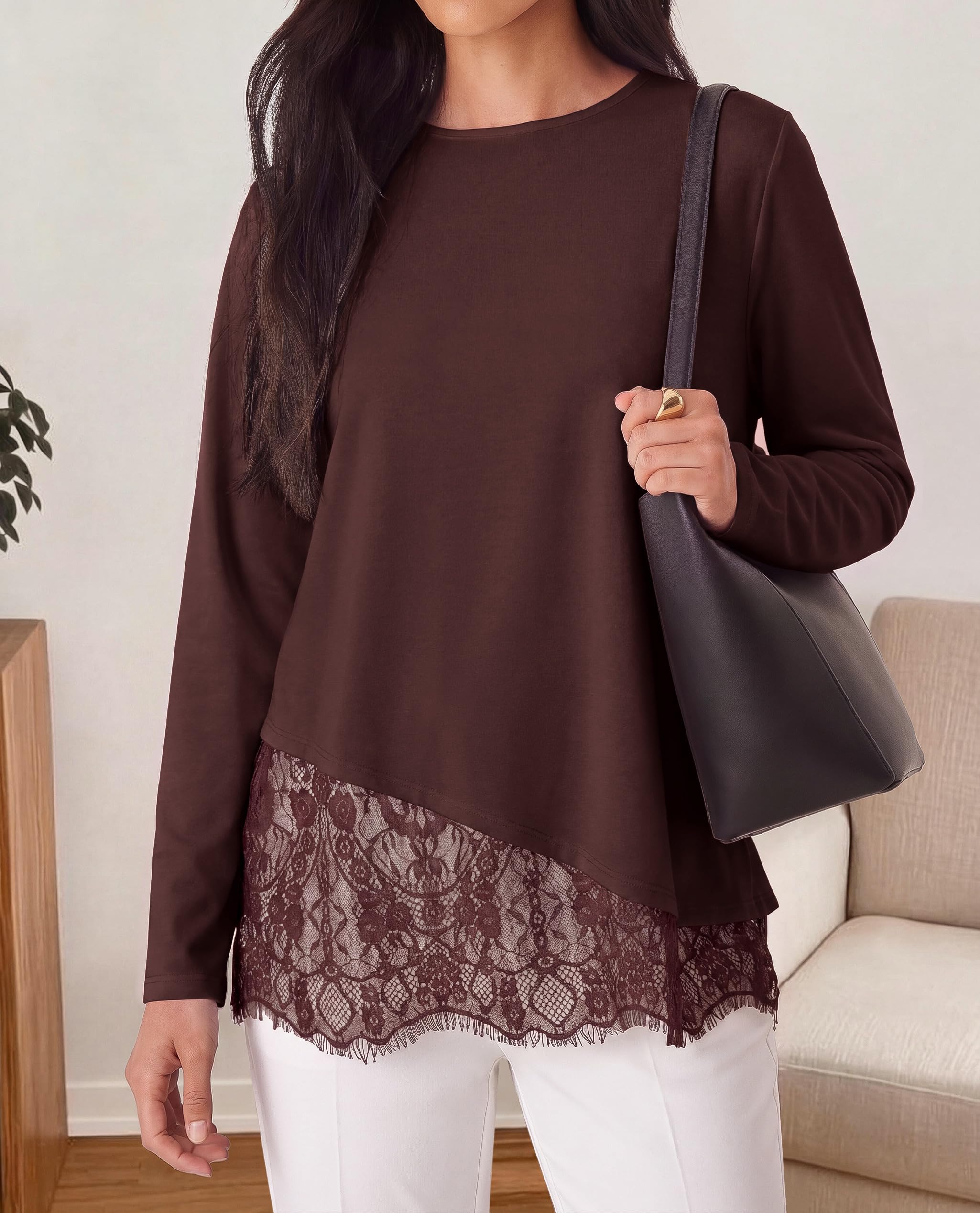 Women's Lace Patchwork Long Sleeve Shirts,Brown,S