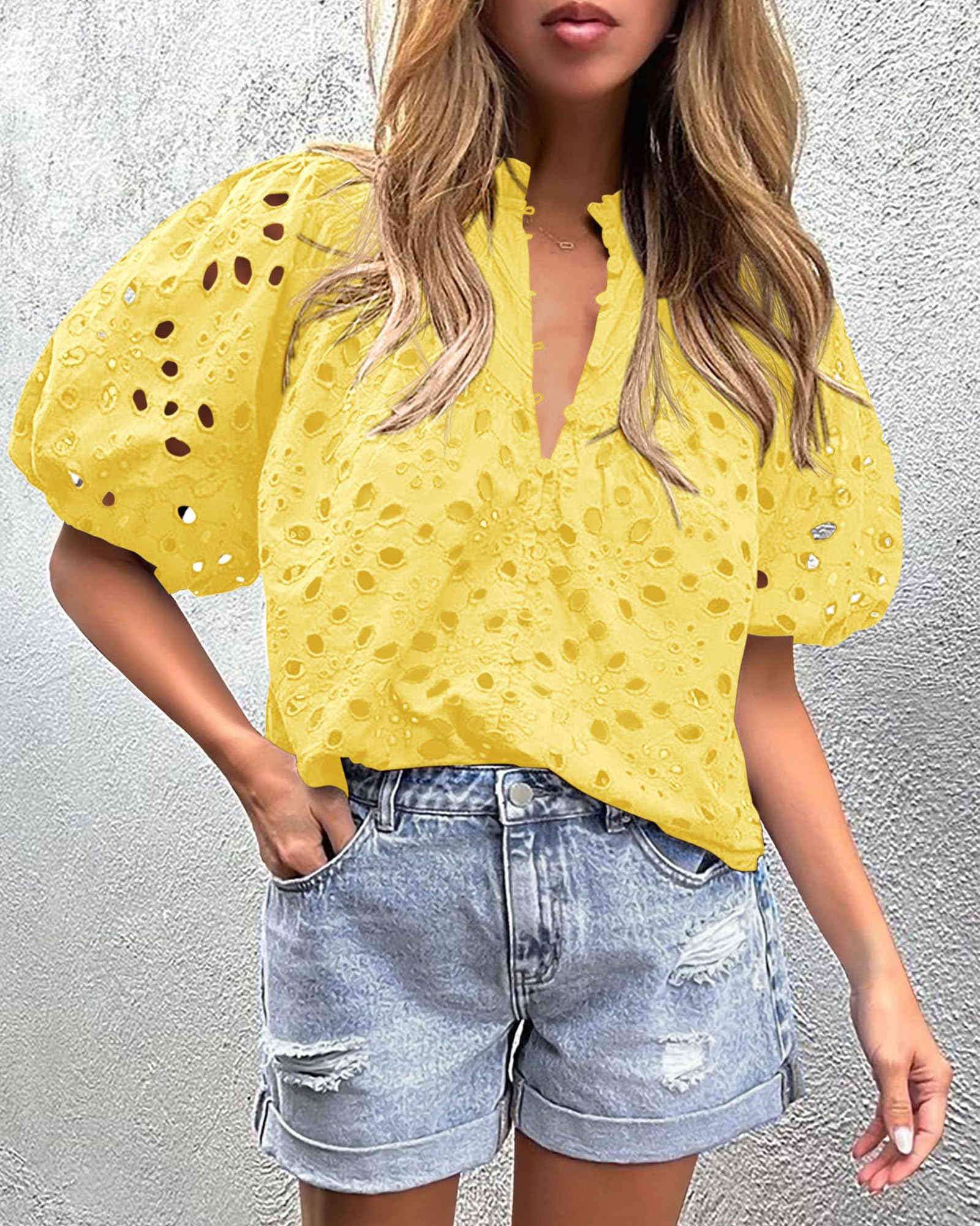 Womens Tops Boho Eyelet Puff Sleeve Blouse, Yellow,S